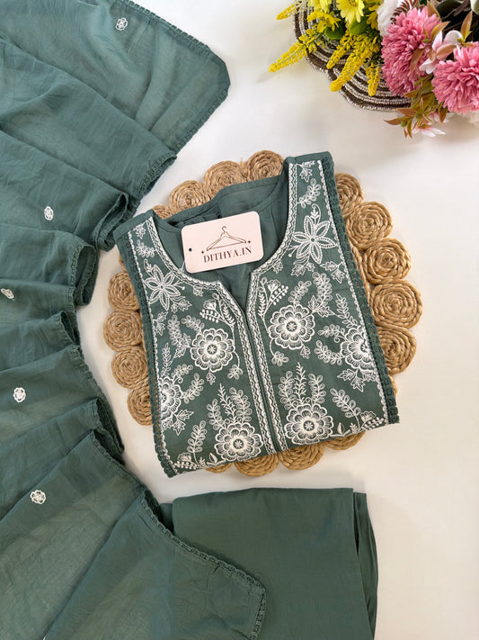 K367 - Mul cotton embroidered Anarkali with pants and dupatta