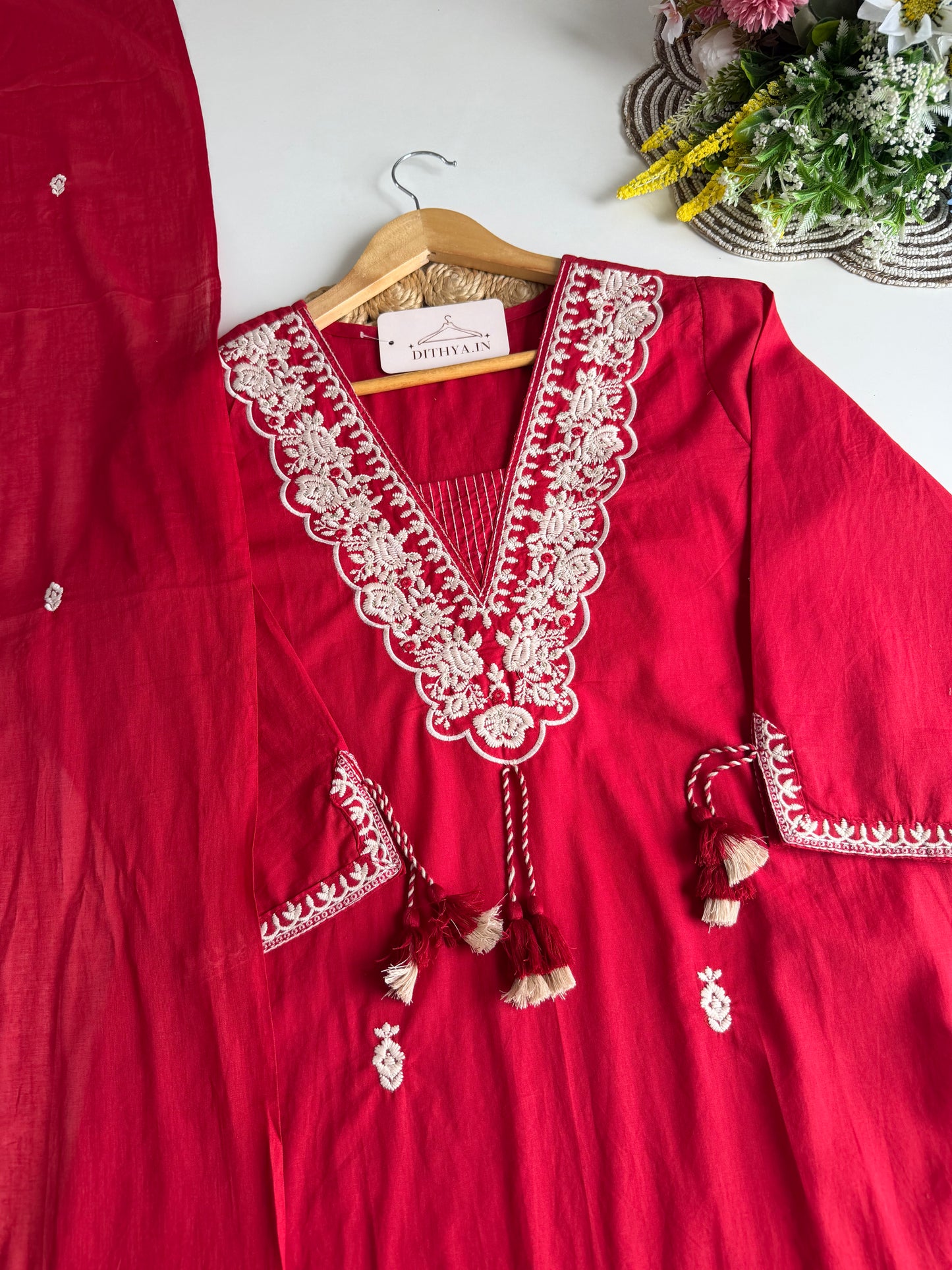 K671 - Mul cotton embroidered Aline Kurti with pants and dupatta
