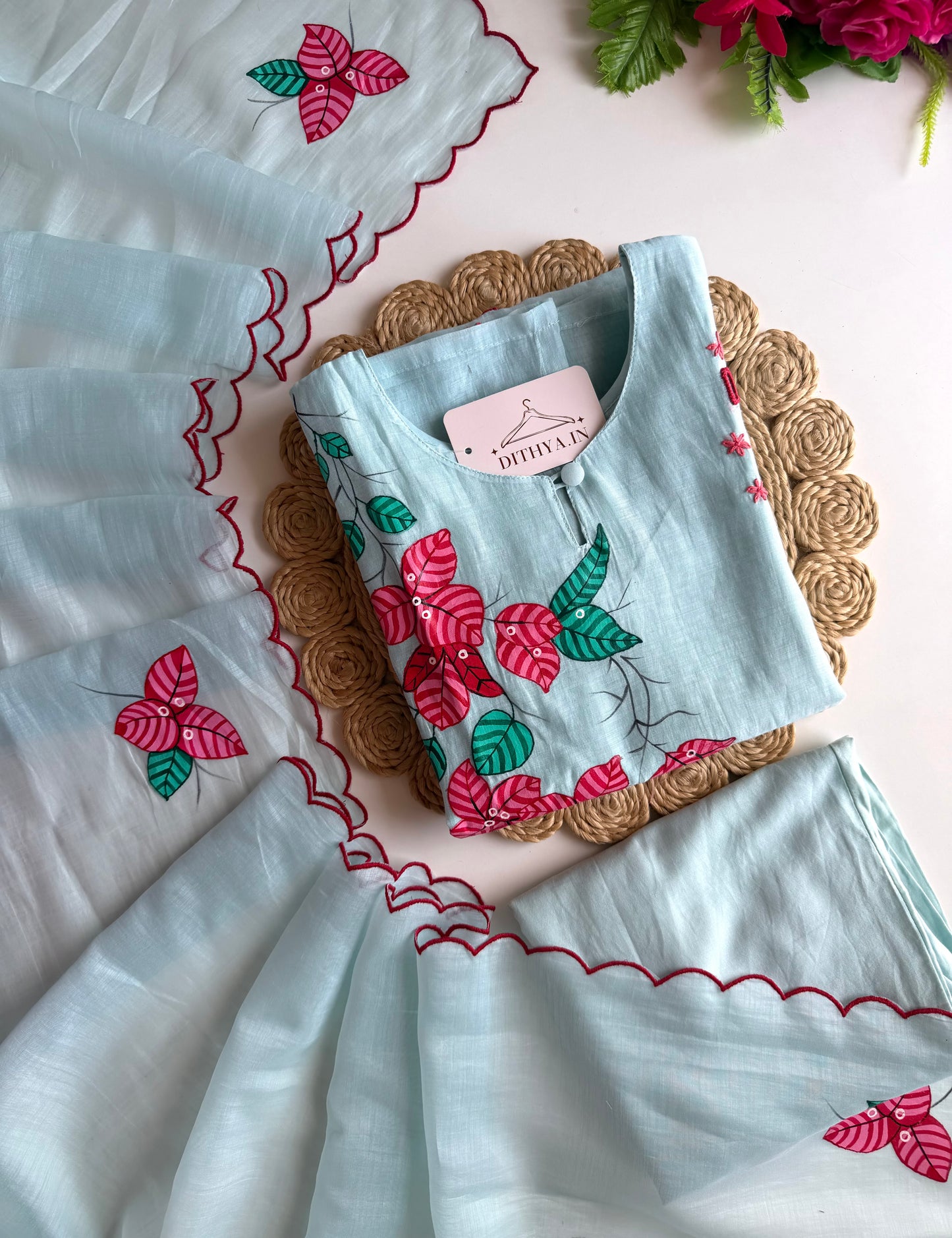 K611 - Mul chanderi hand painted & embroidered straight Kurti with pants and dupatta