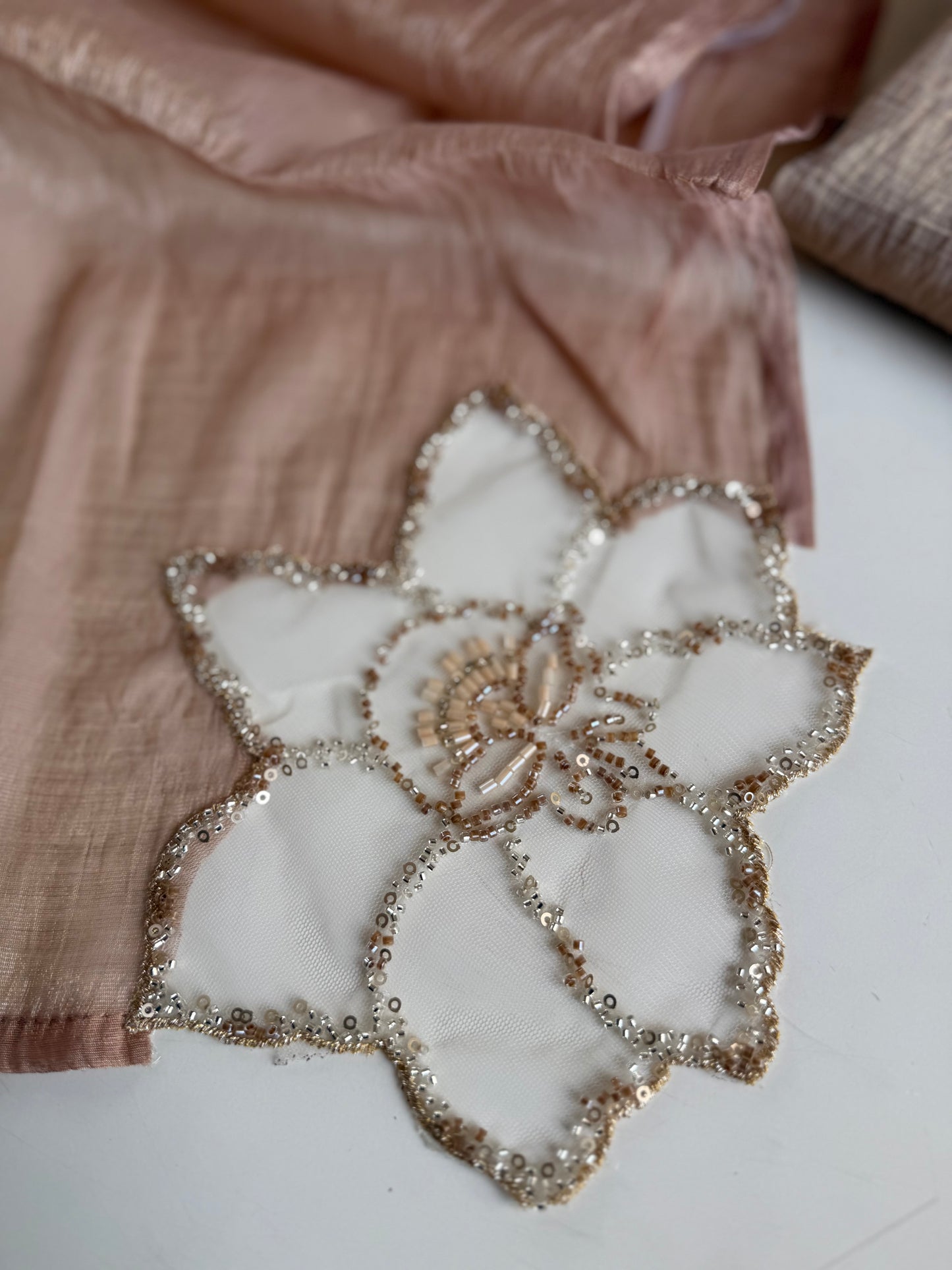 K344 - Tissue silk handwork short Kurti with divider pants and dupatta