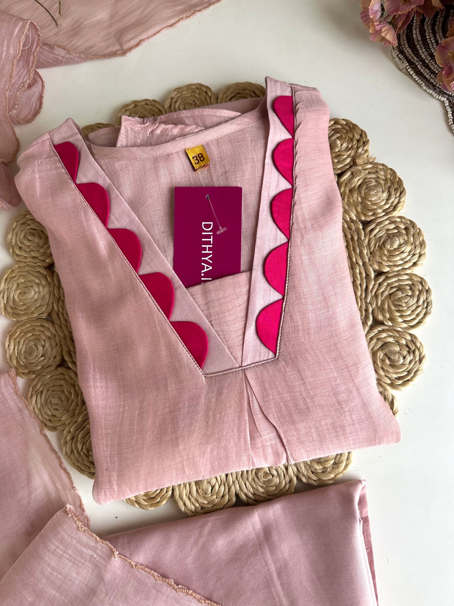 K106 - Mul Chanderi Appliqué work Aline Kurti with pants and dupatta