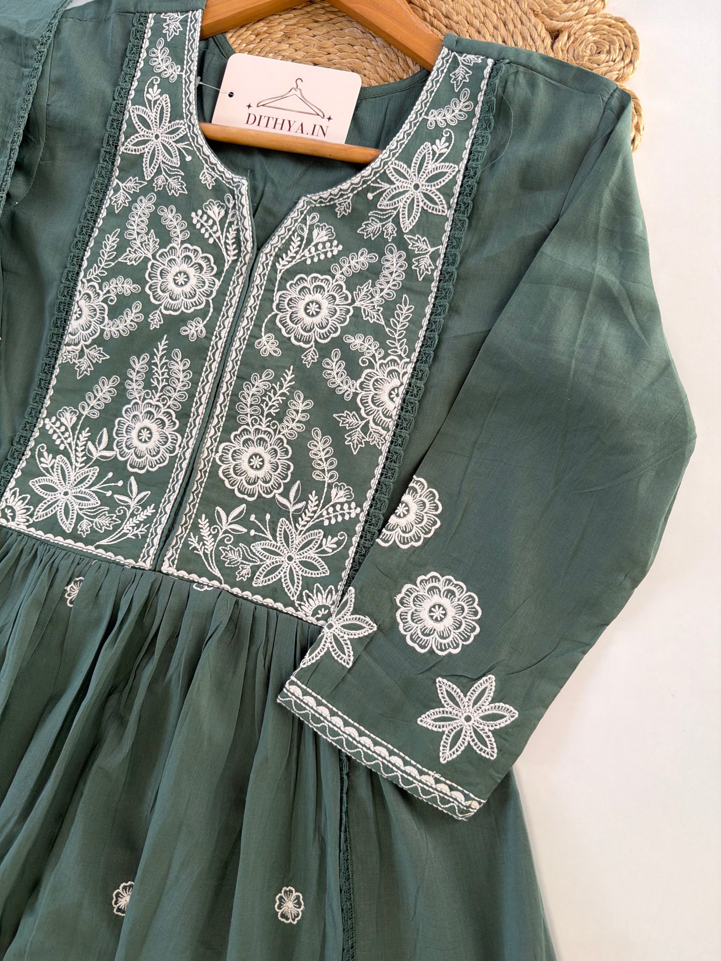 K367 - Mul cotton embroidered Anarkali with pants and dupatta