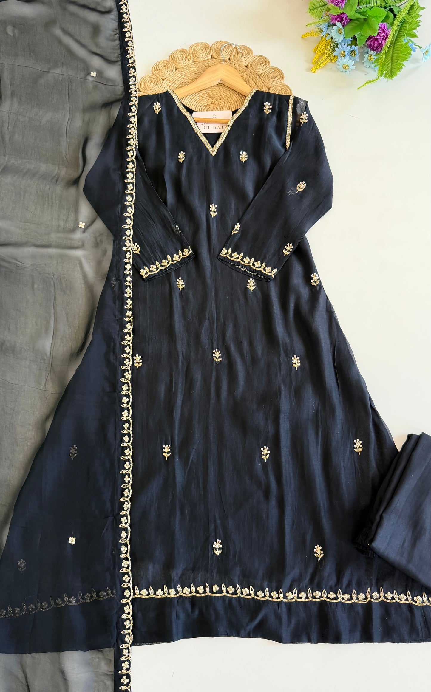 K229 - Mul chanderi handwork aline Kurti with pants and dupatta