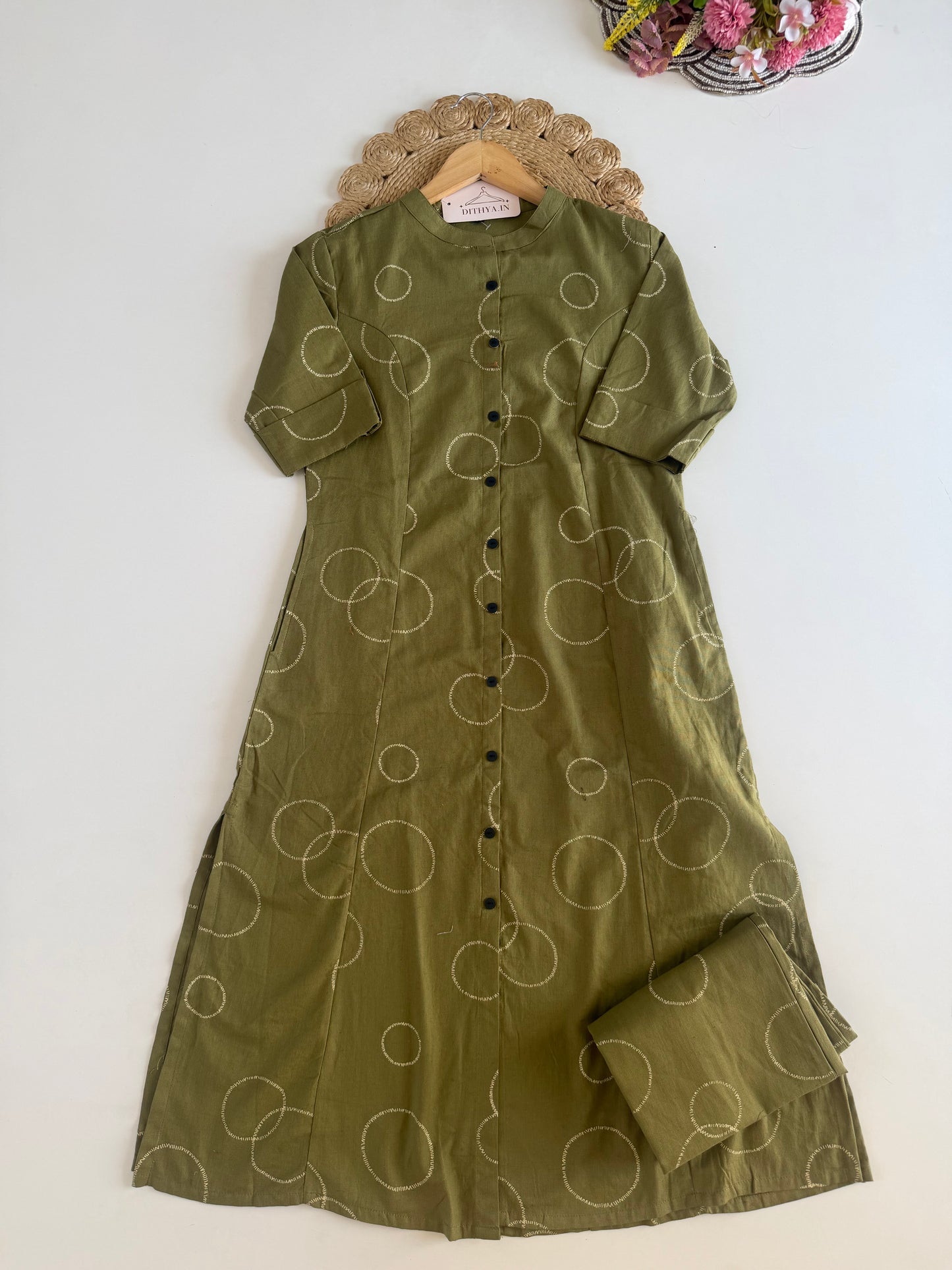 K427 - Linen cotton printed Aline Kurti with pants