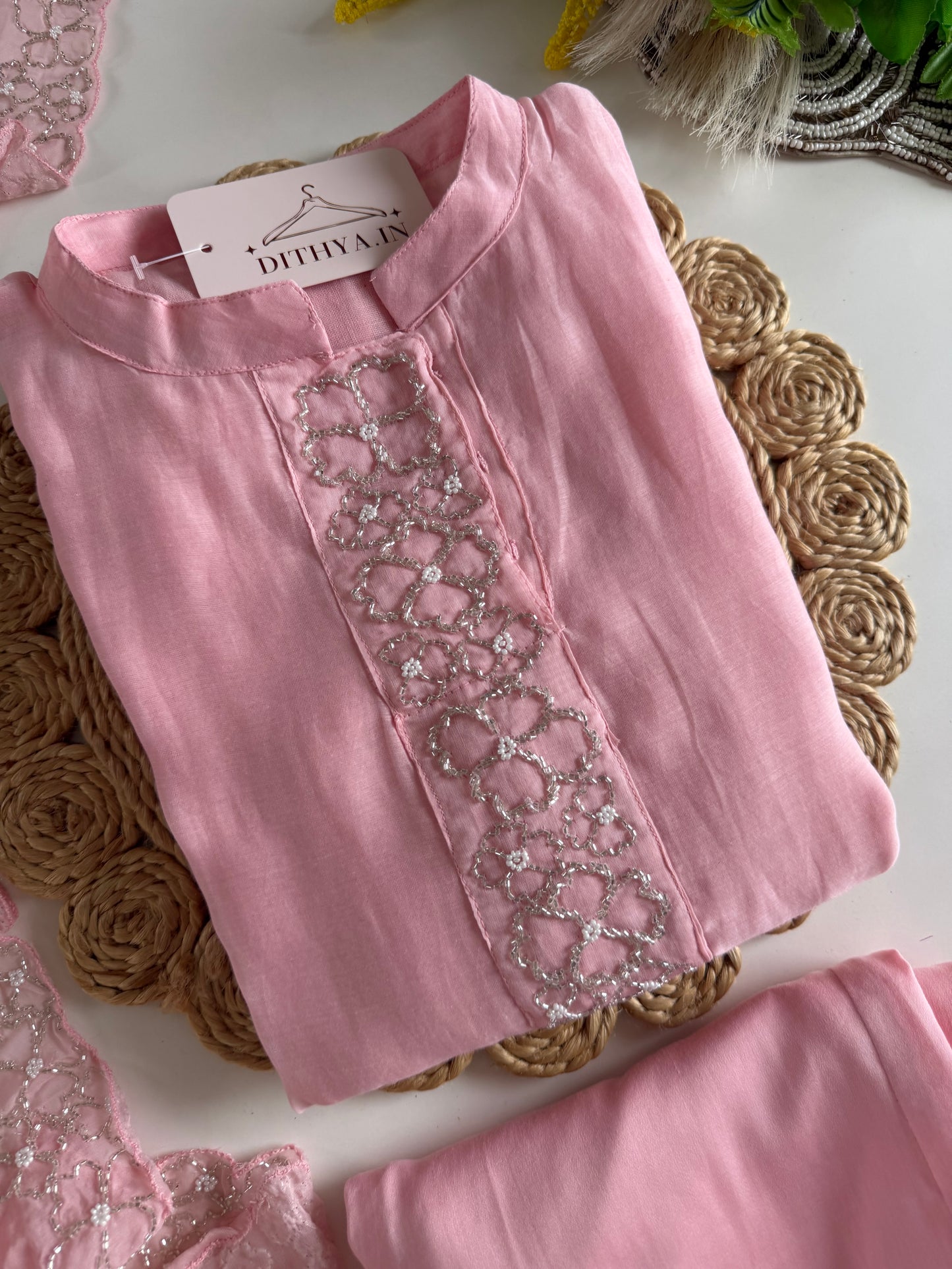 K283 - Mul chanderi handwork aline Kurti with pants and dupatta