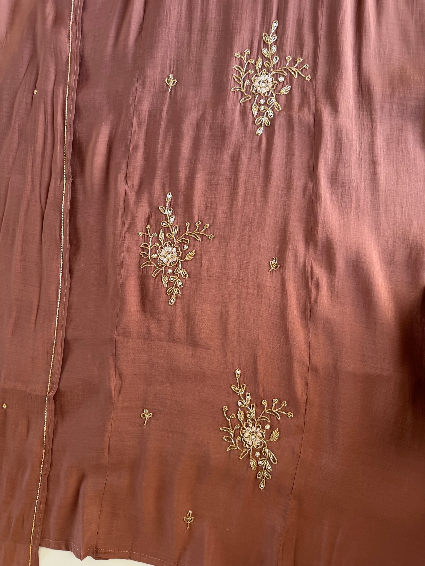 K484 - Surat Mul chanderi handwork aline Kurti with pants and dupatta