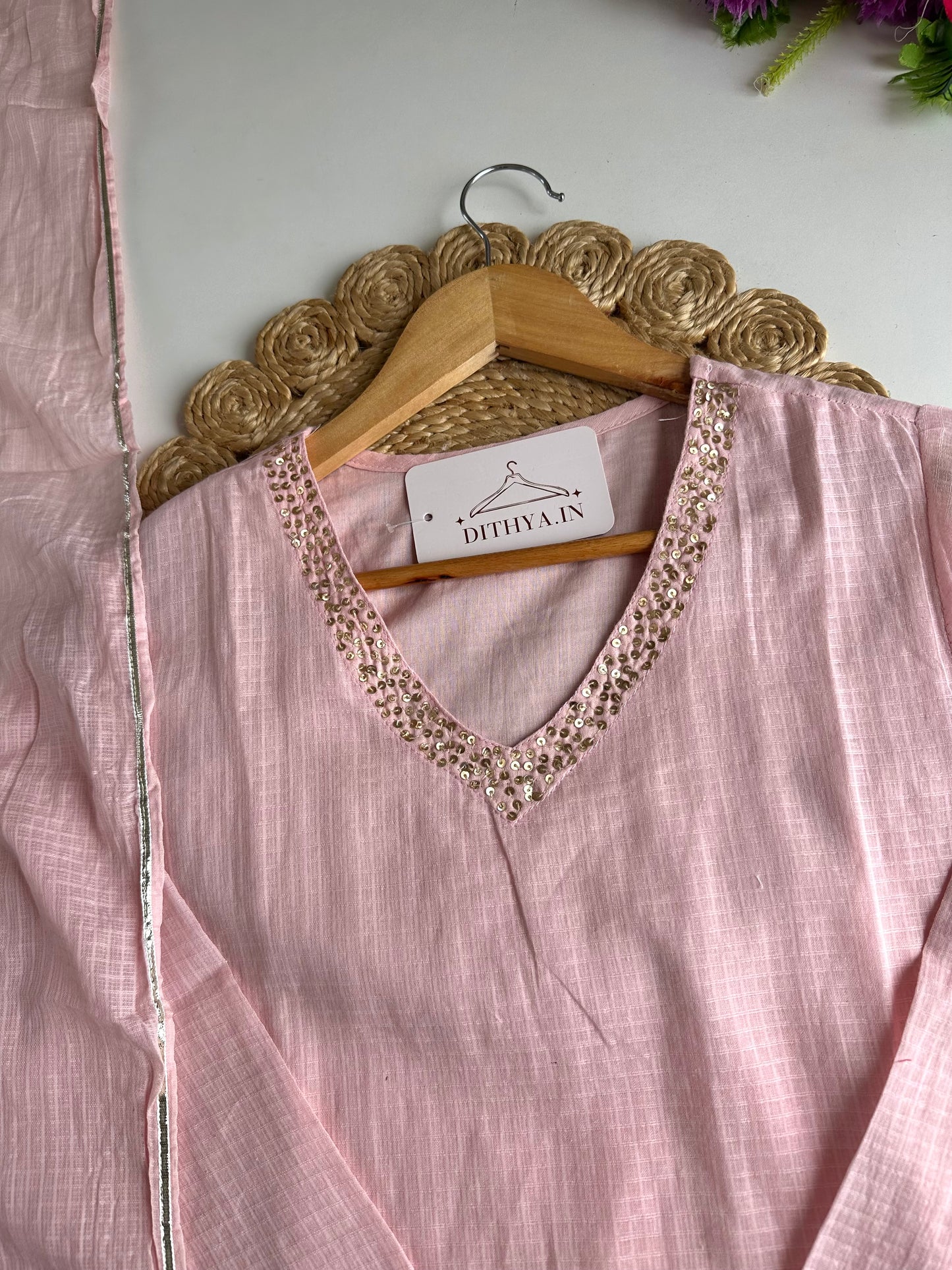 K697 - Kota doriya embroidered straight Kurti with pants and dupatta