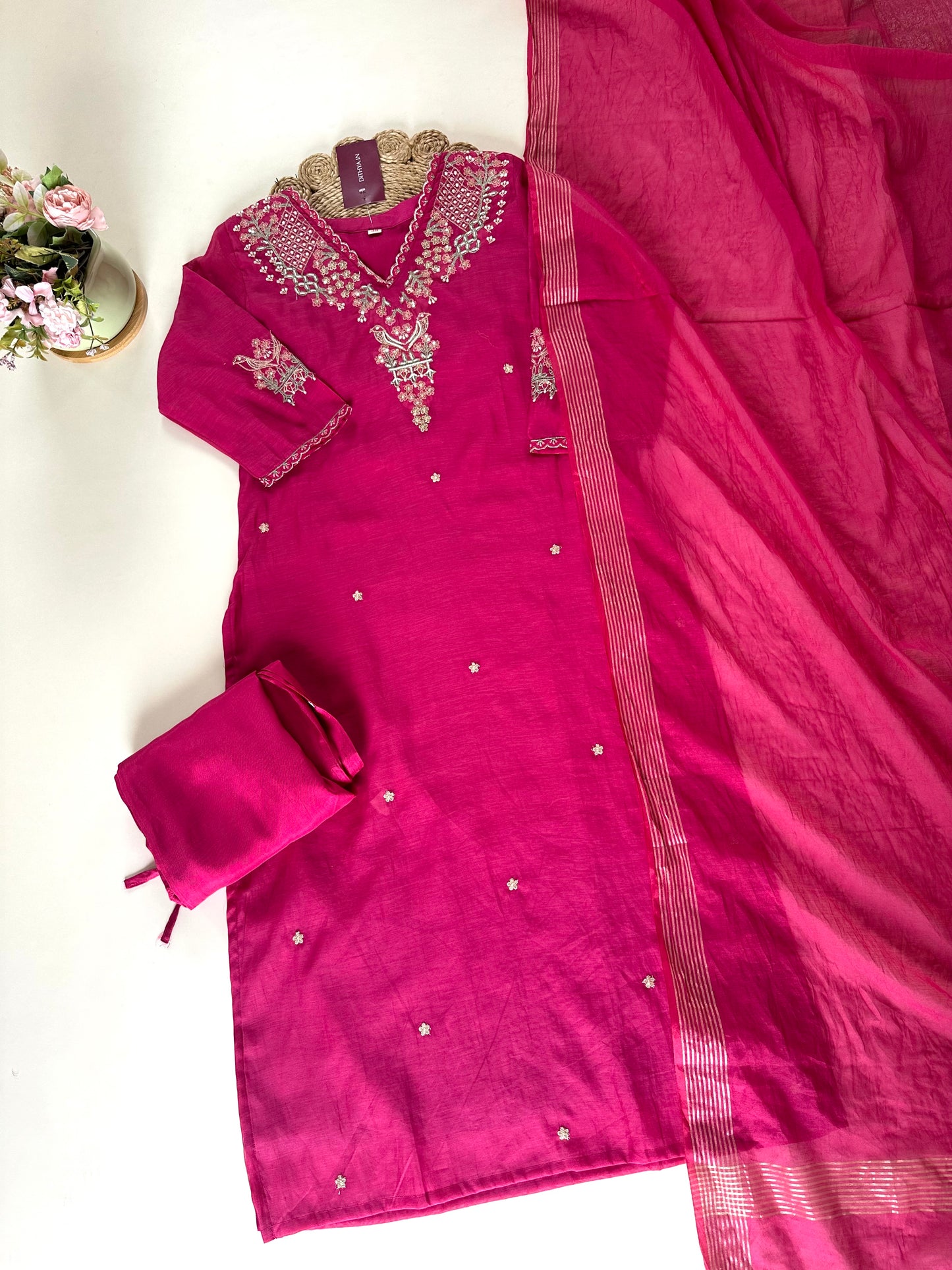 K044 - Handwork Mul Chanderi straight kurti with pants and dupatta .