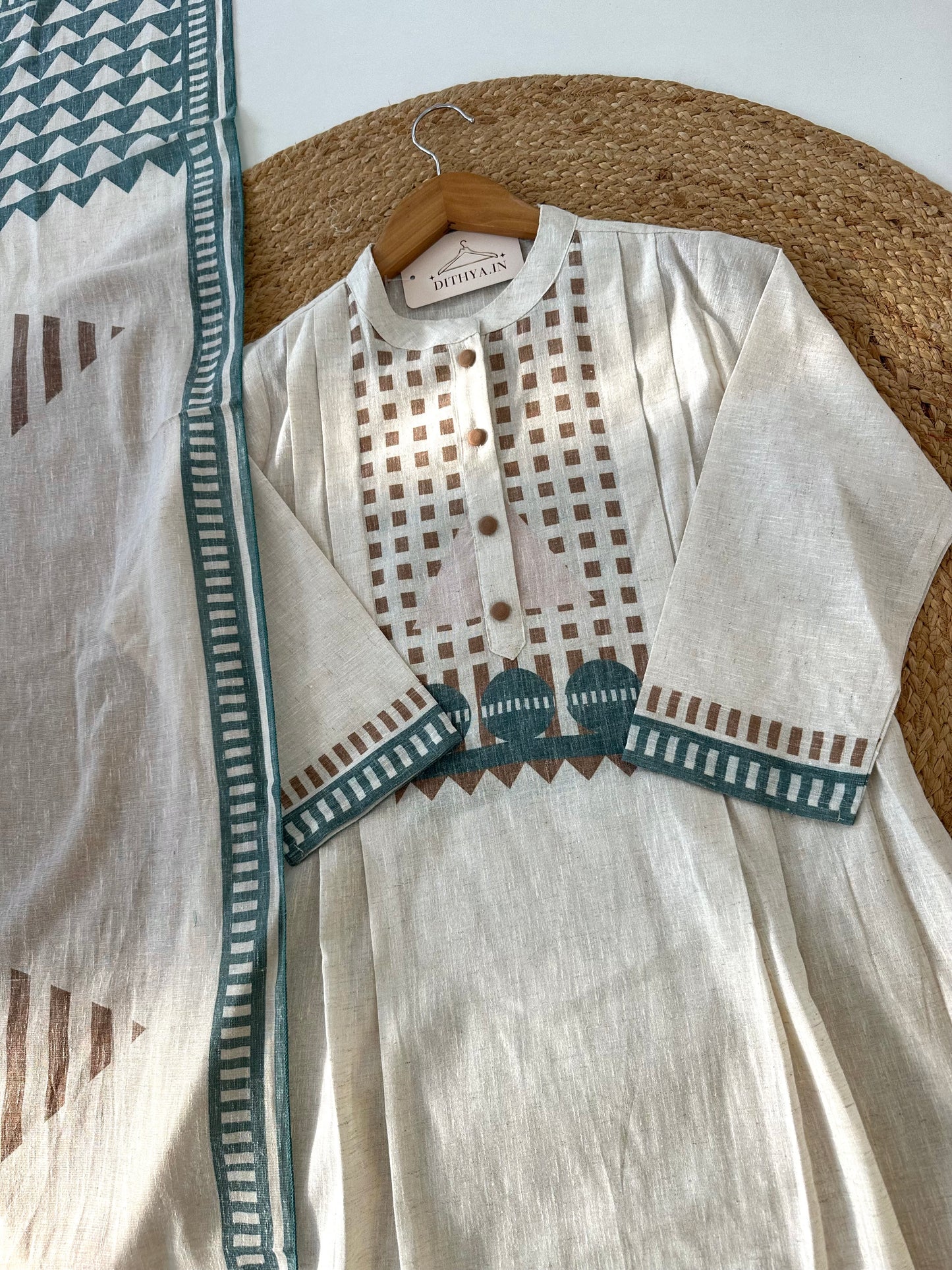 K558 - Linen cotton printed aline Kurti with pants and dupatta