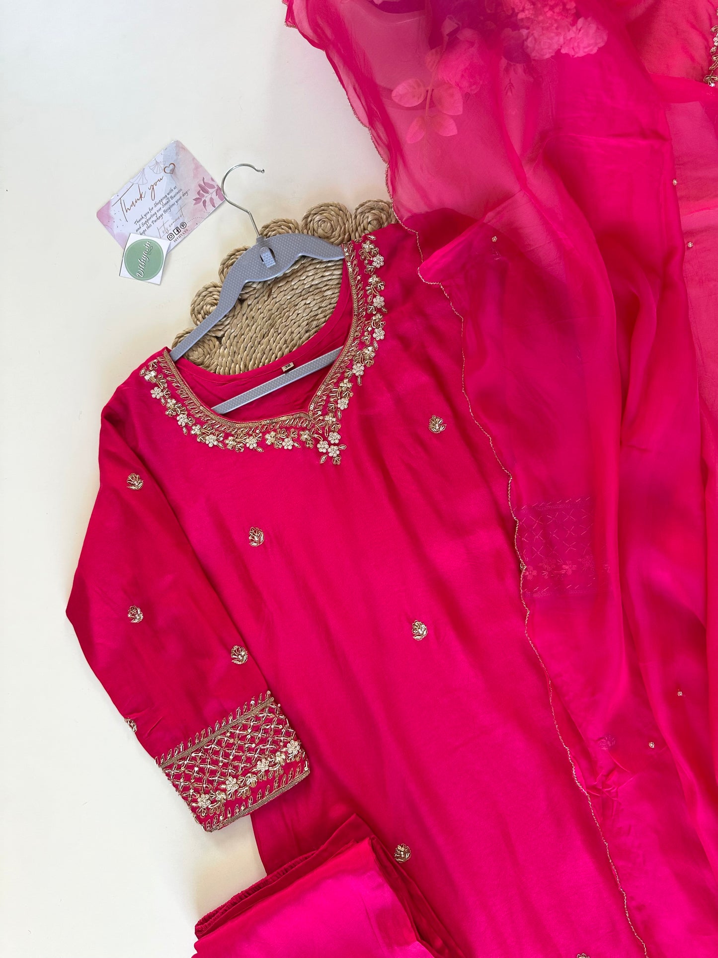 K140 - Russian silk Zardosi work Straight kurti with straight pants and organza dupatta .