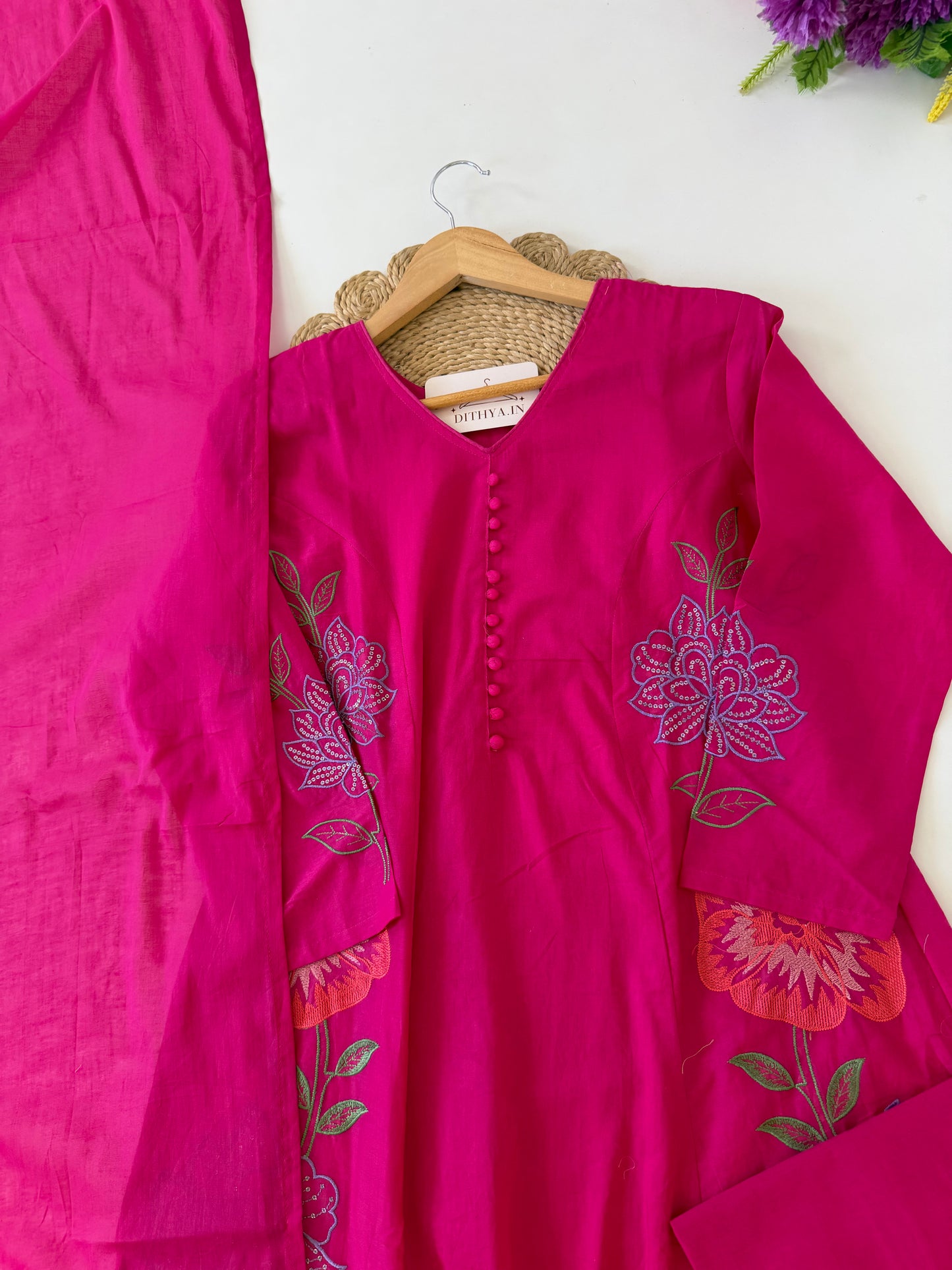 K010 - Mul cotton embroidered Aline Kurti with pants and dupatta