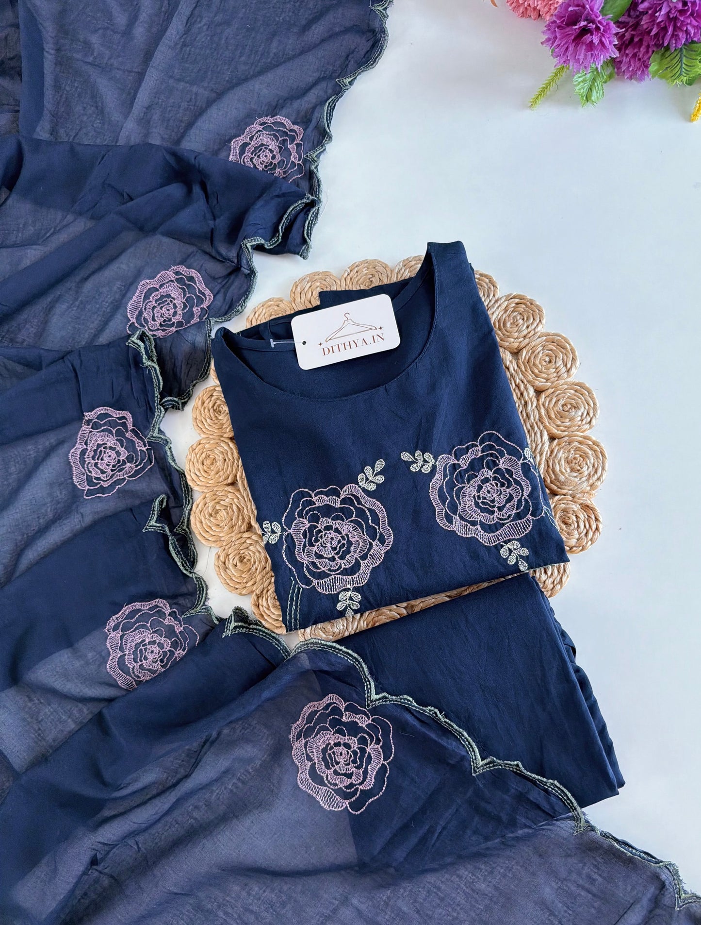 K681 - Mul cotton embroidered Aline Kurti with pants and dupatta