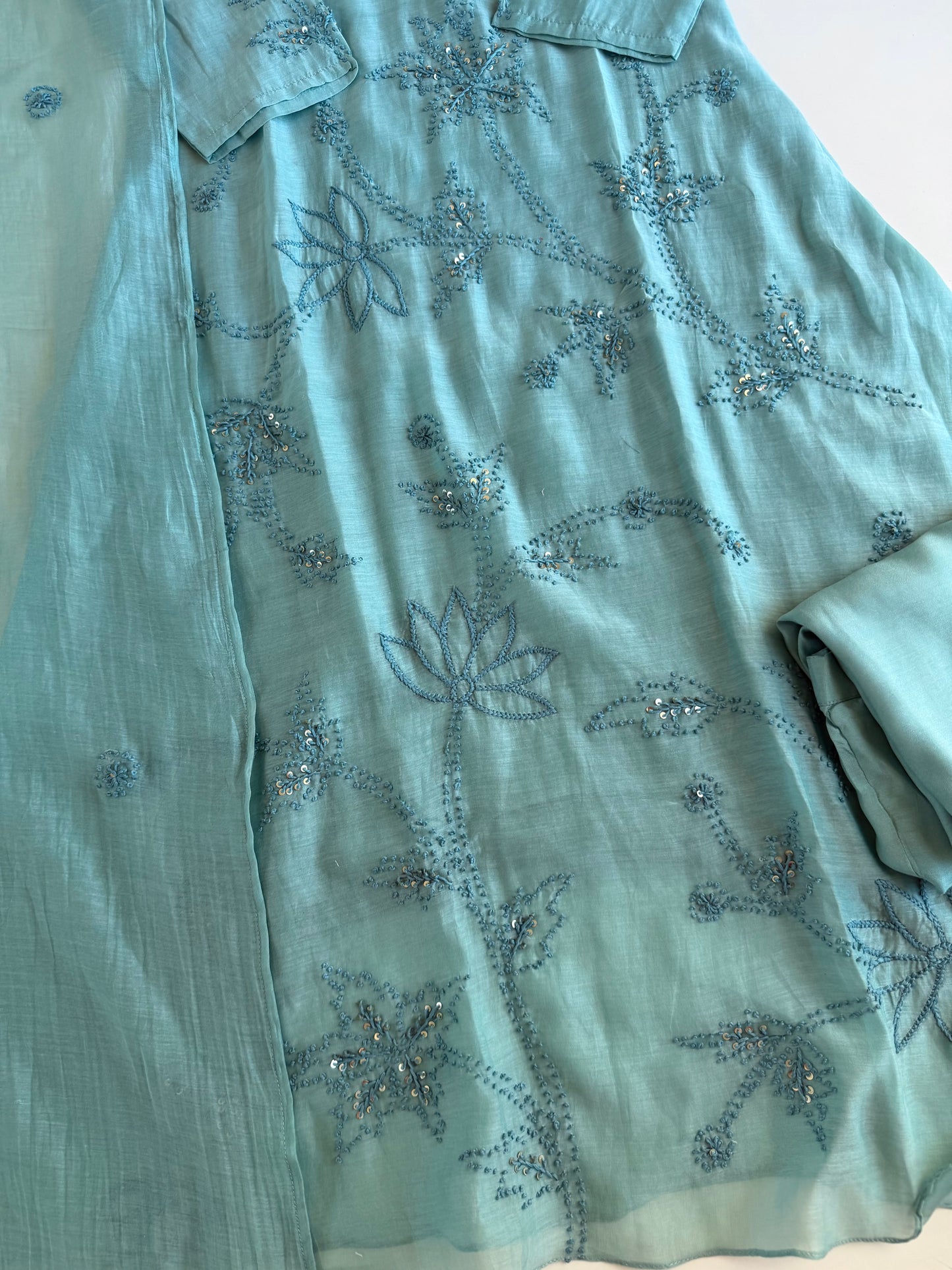 K056 - Mul chanderi French knot embroidered Aline Kurti with pants and dupatta in 2 colours