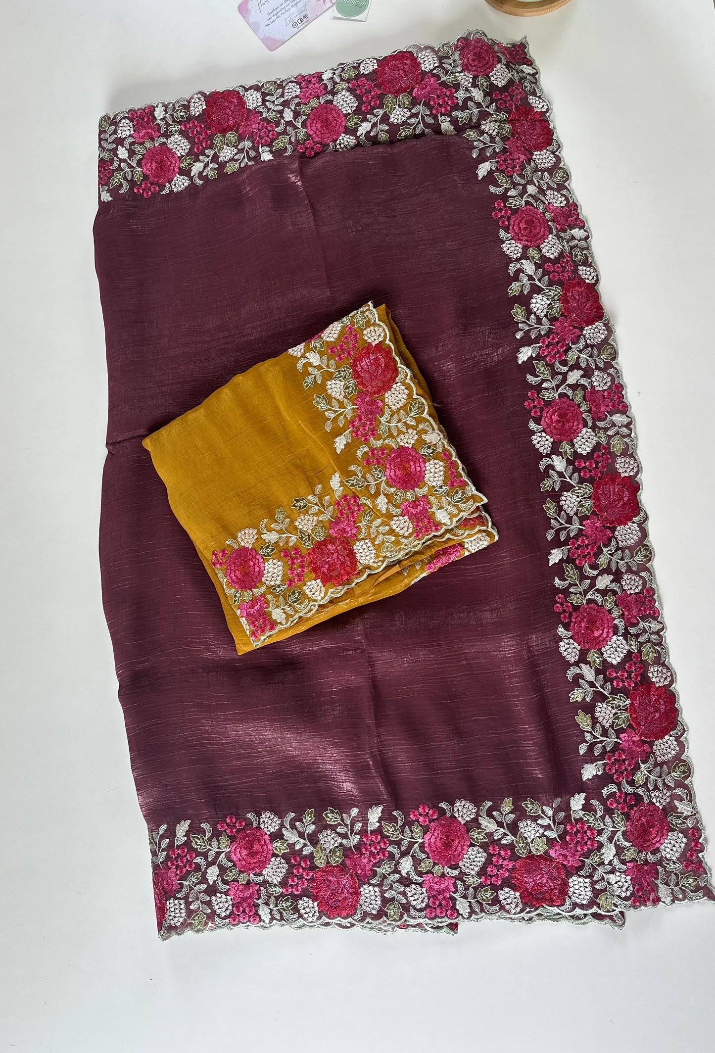 S008 - Shimmer Crepe silk Hand embroidery saree in 2 colours