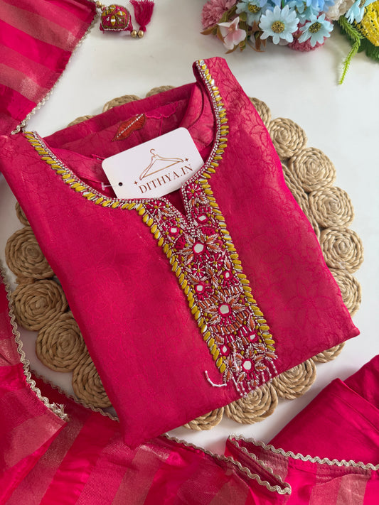 K683 - Self tissue silk handwork aline Kurti with pants and dupatta