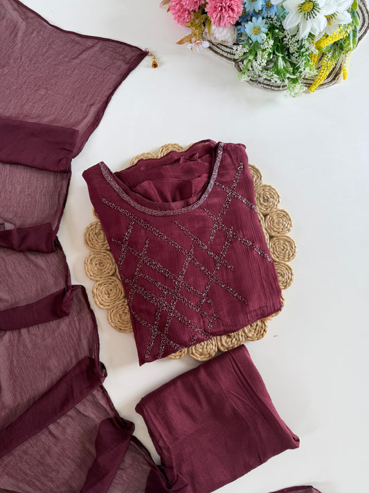 K488 - Chinnon handwork aline Kurti with pants and dupatta