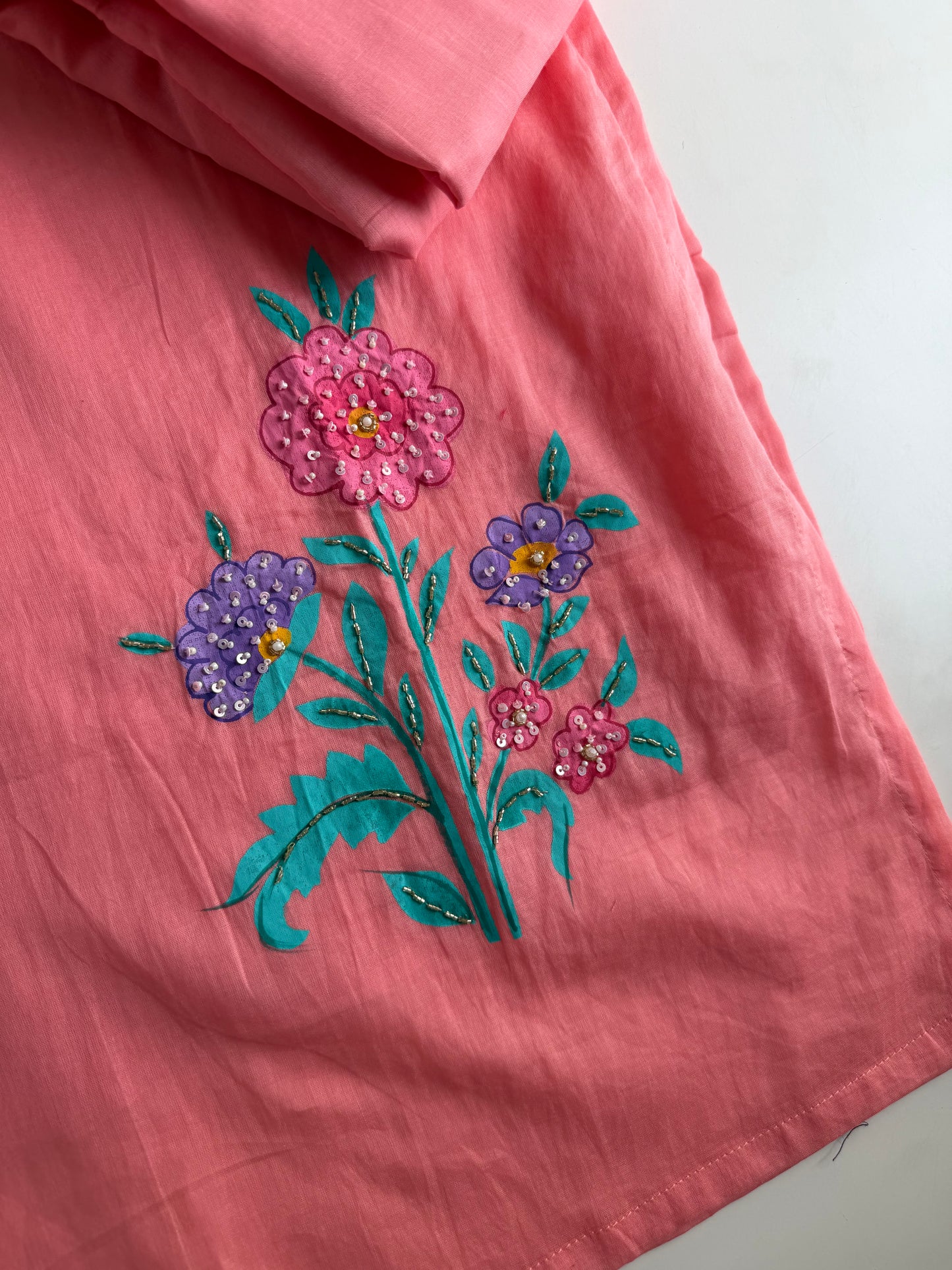 K672 - Mul cotton handwork straight Kurti with pants and dupatta