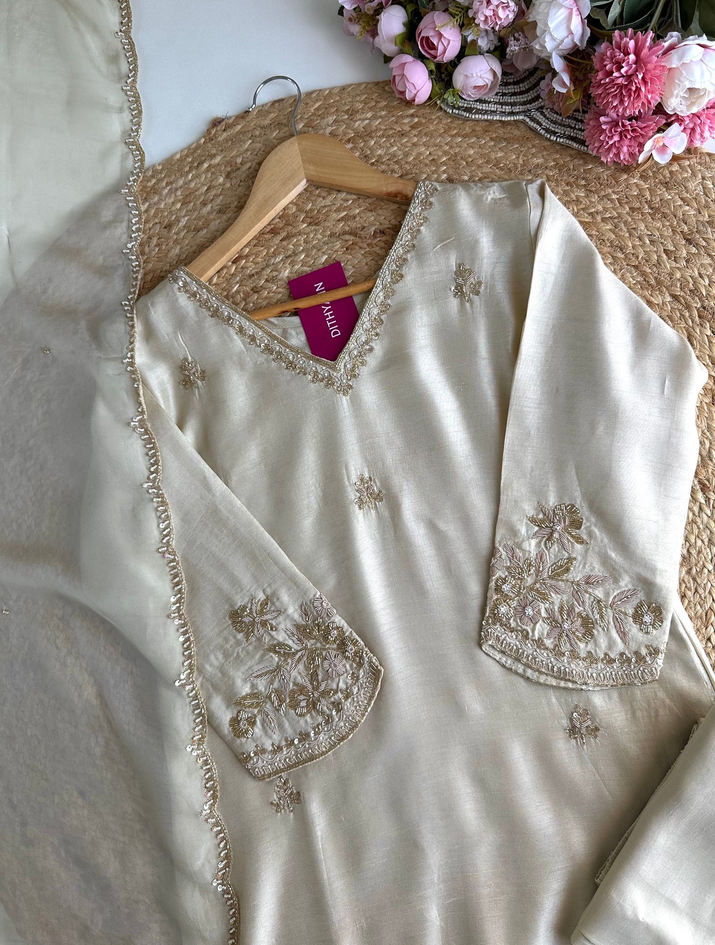 K415 - Russian silk handwork straight Kurti with pants and dupatta