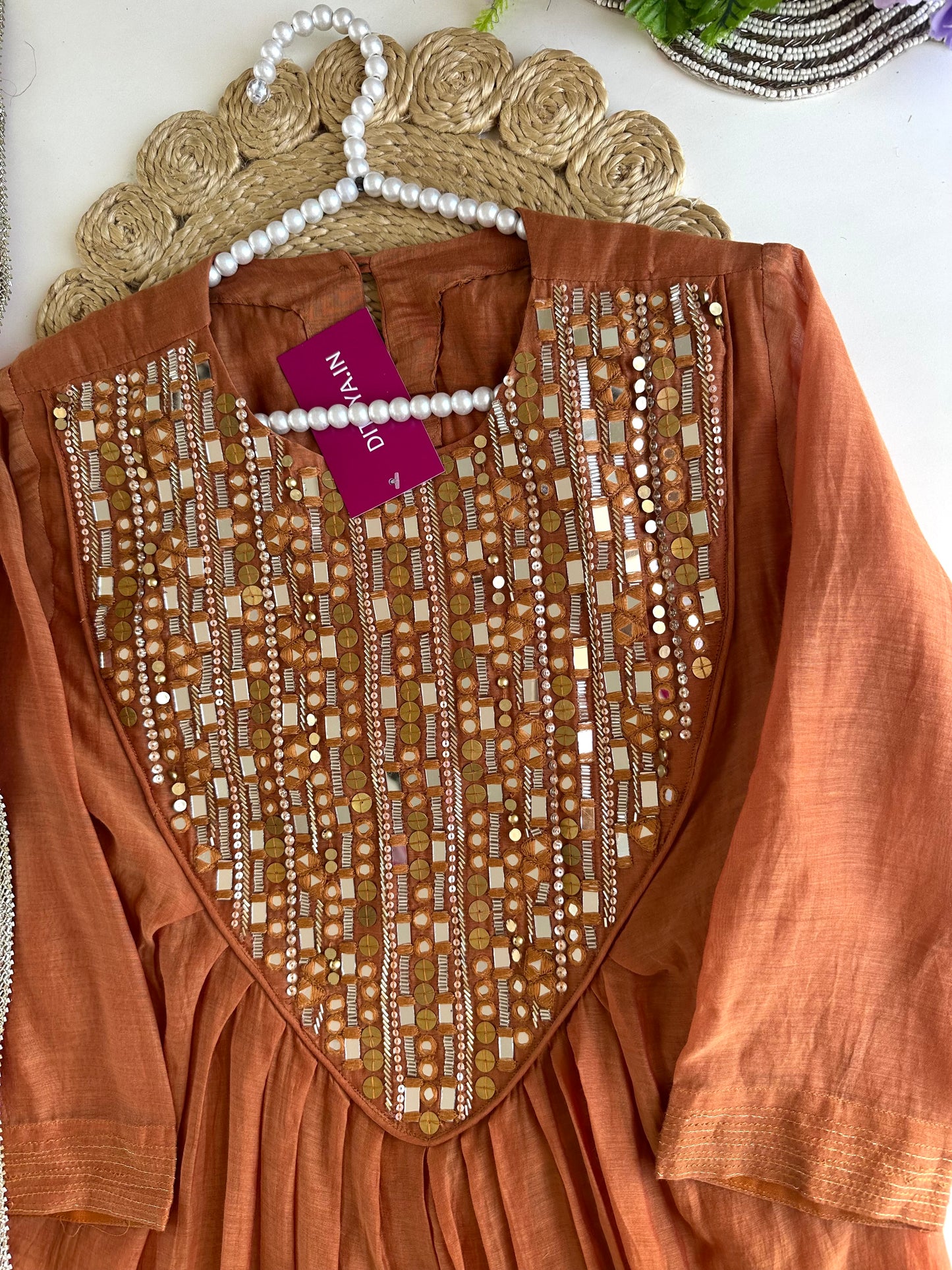 K078 - Pure mul Chanderi mirror work Anarkali with pants and dupatta