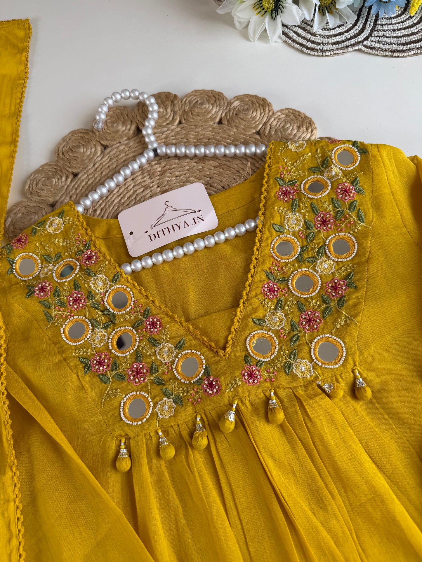 K631 - Mul cotton embroidered Aline Kurti with pants and dupatta