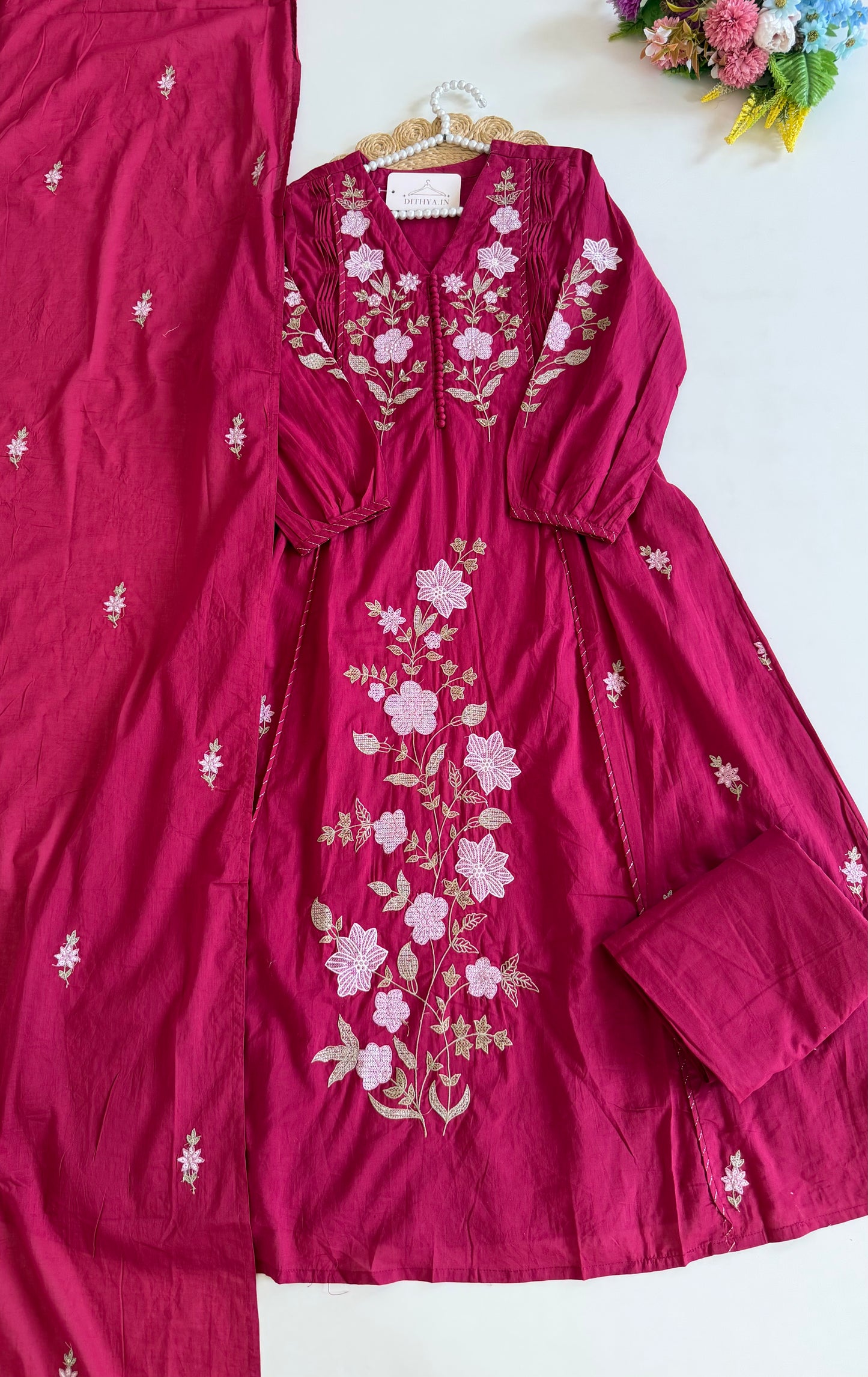 K355 - Mul cotton embroidered Anarkali with pants and dupatta