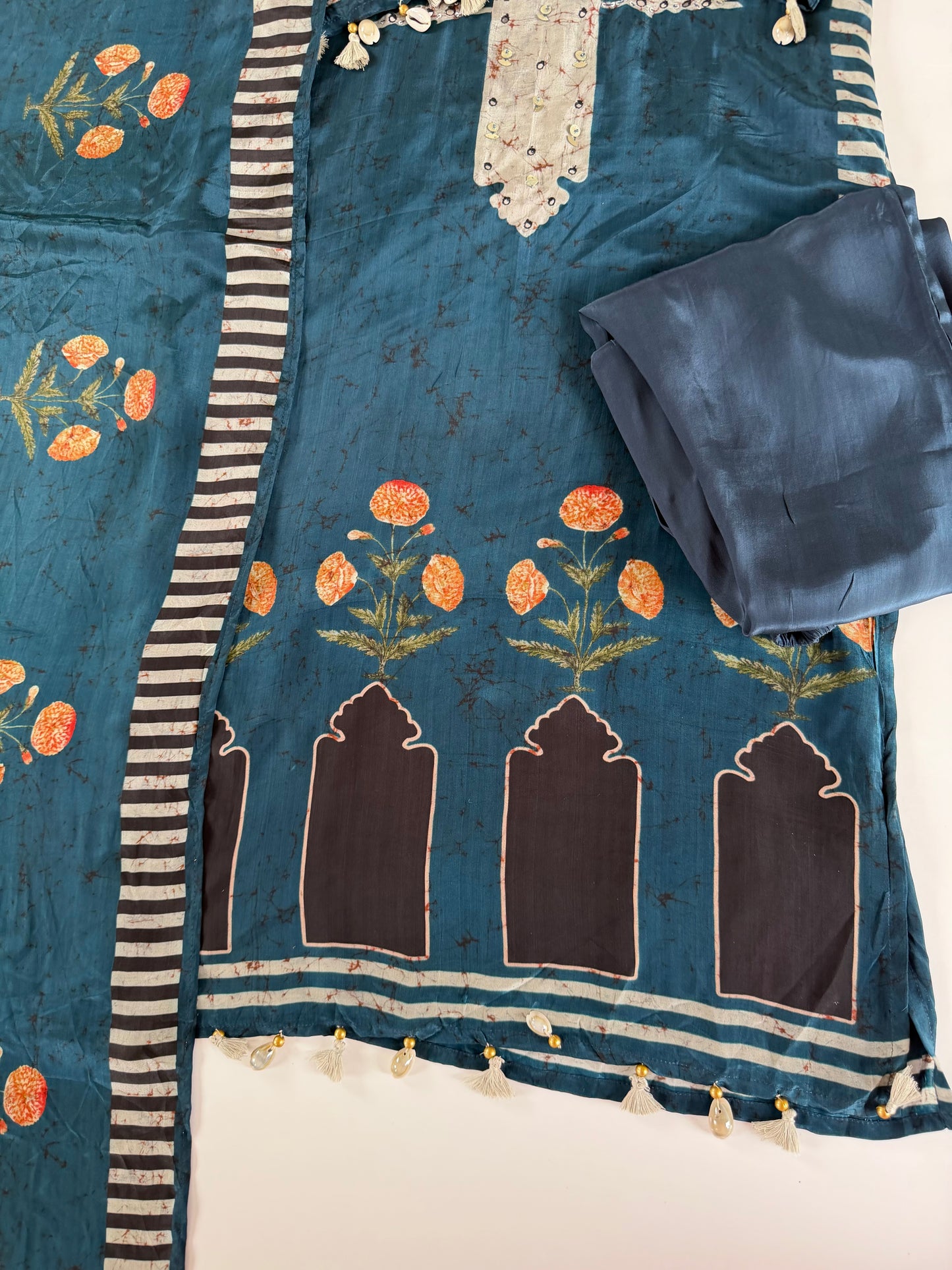 K586 - Pure crape Ajrakh straight Kurti with pants and dupatta