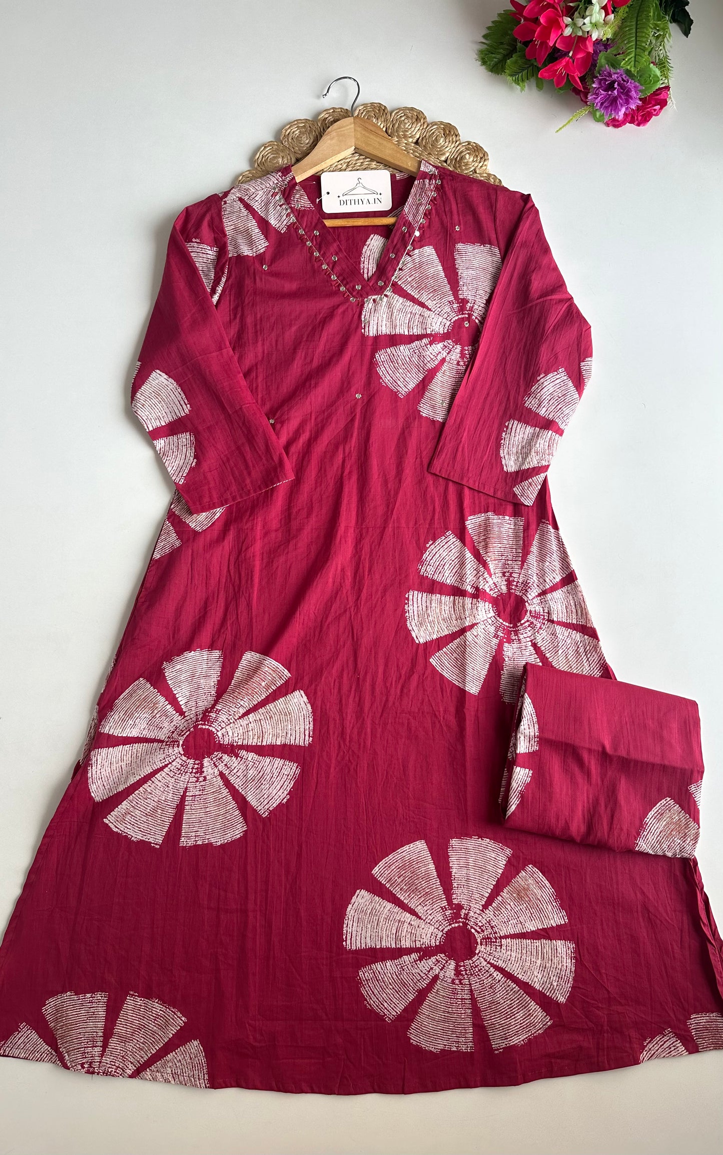 K164 - Mul cotton printed Aline Kurti with pants