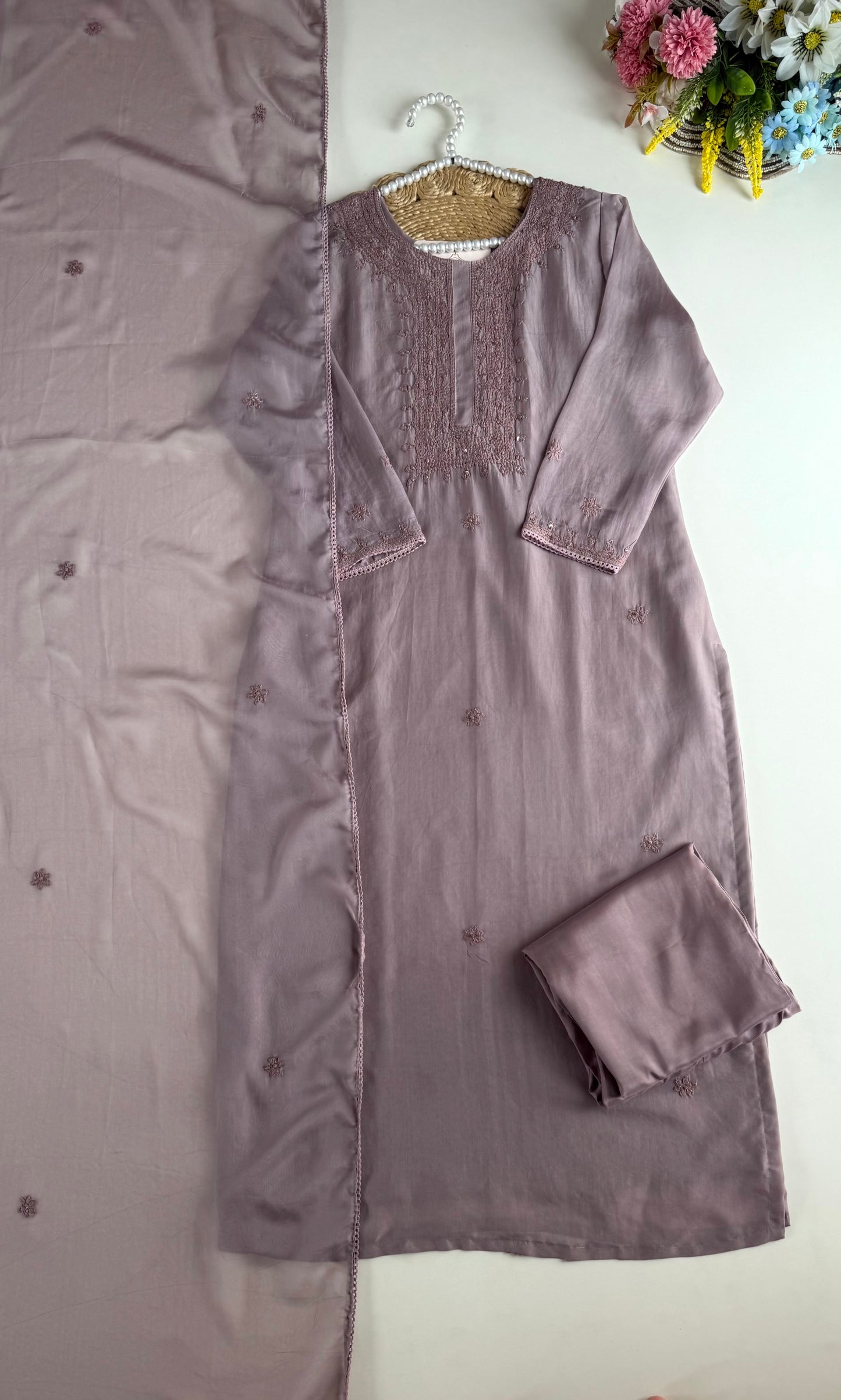 K510 - Viscose organza chikankari straight Kurti with pants and dupatta