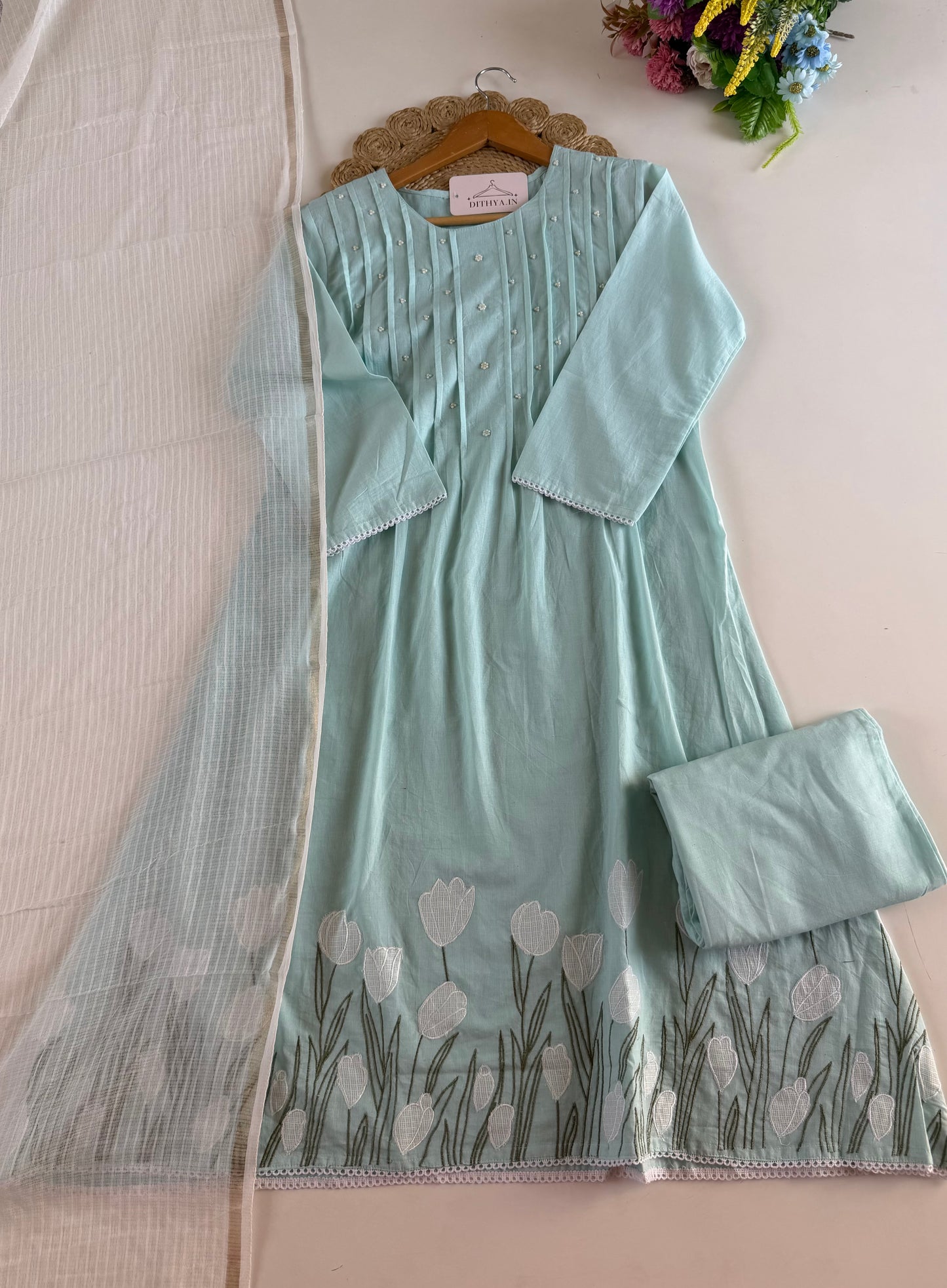 K399 - Mul cotton embroidered Aline Kurti with pants and dupatta