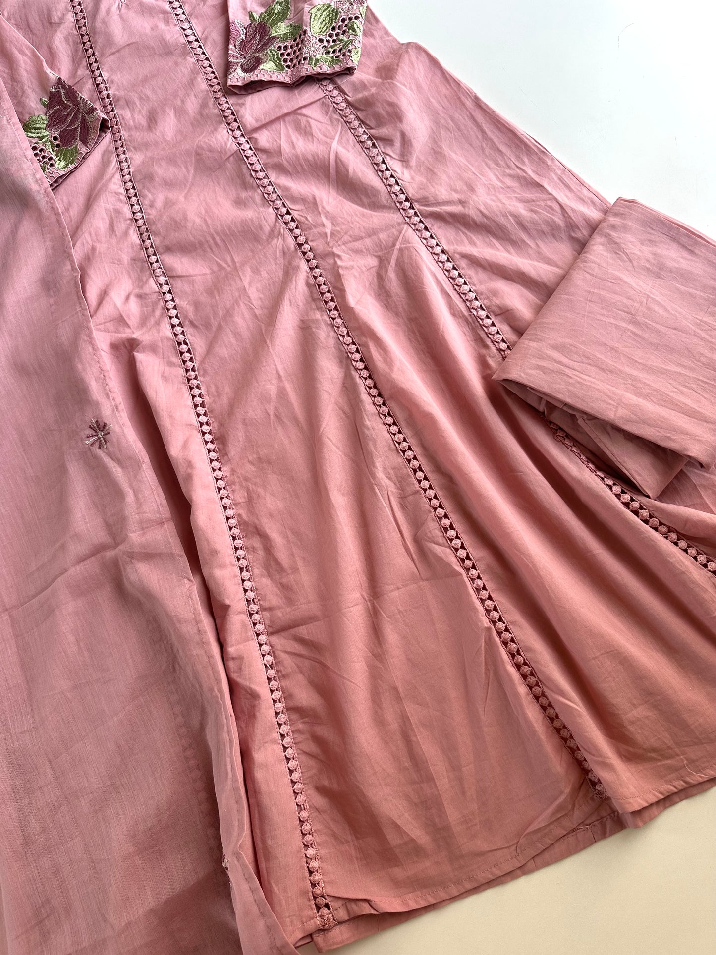 K593 - Mul cotton embroidered Anarkali with pants and dupatta