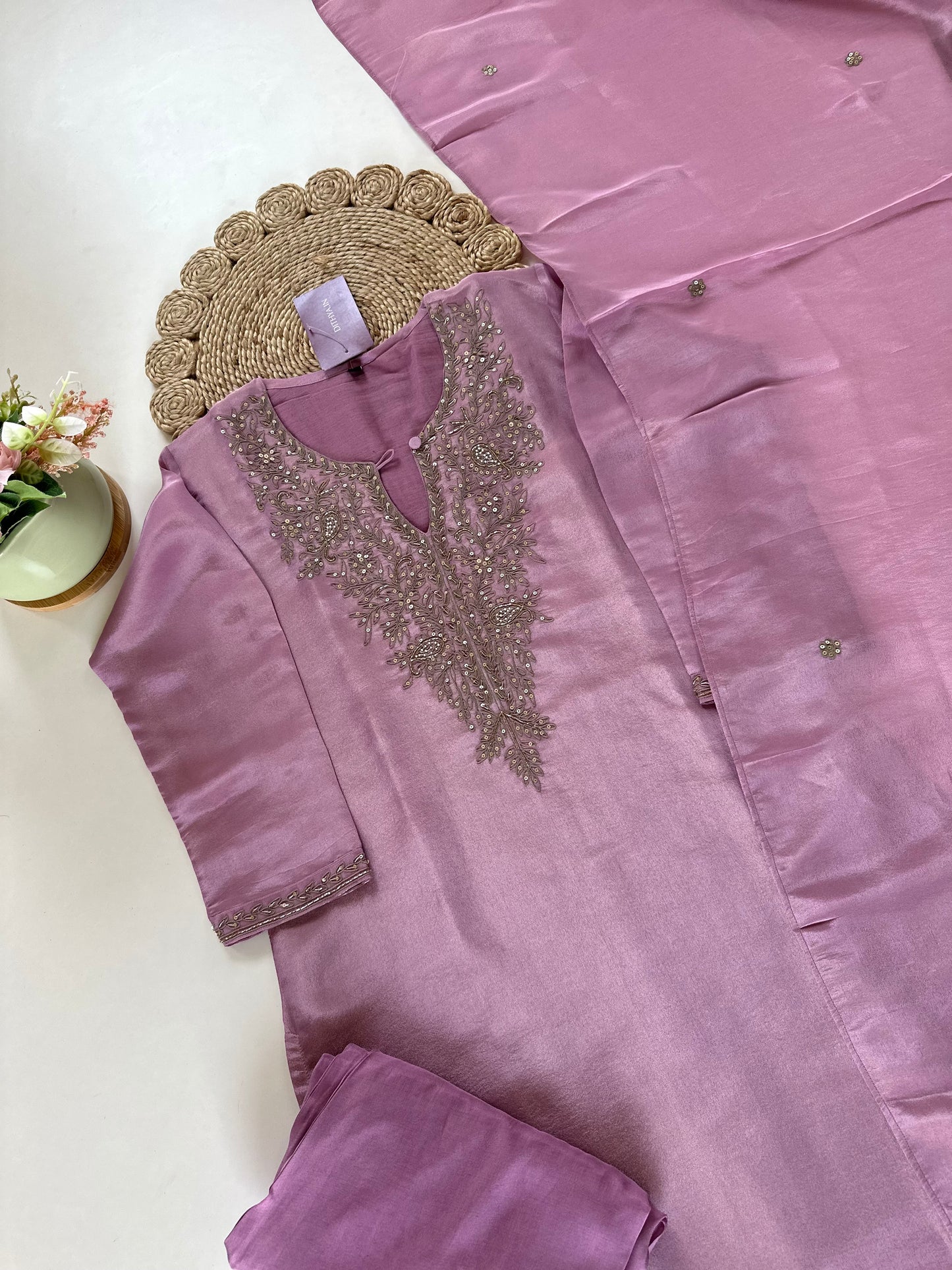 K109 - Tissue silk handwork straight kurti with pants and dupatta .