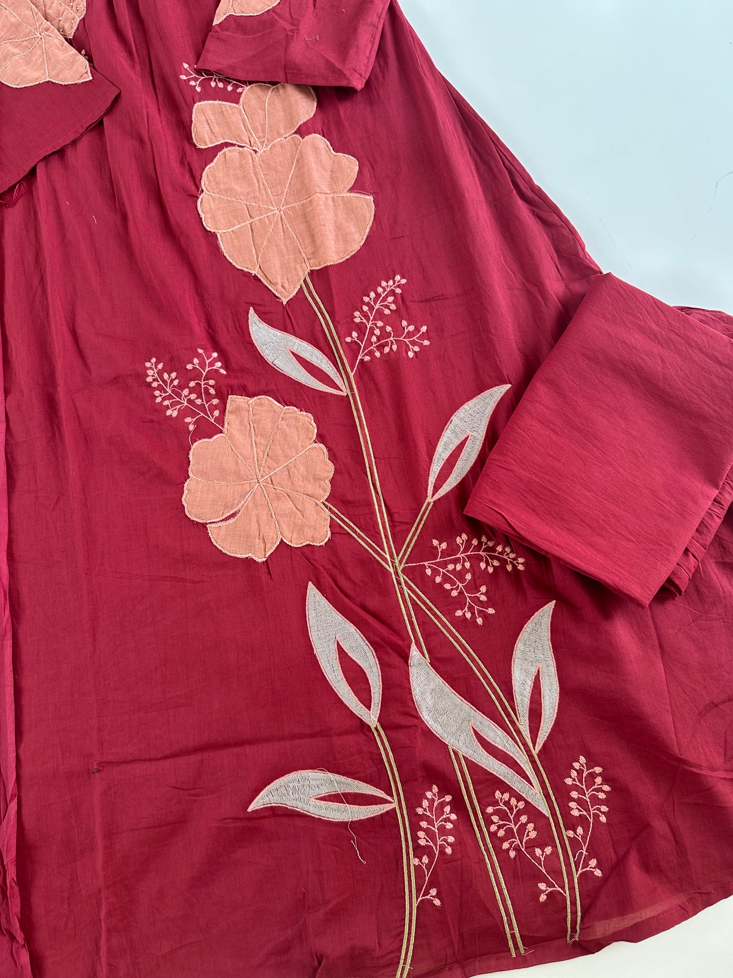 K243 - Mul cotton appliqué Aline Kurti with pants and dupatta
