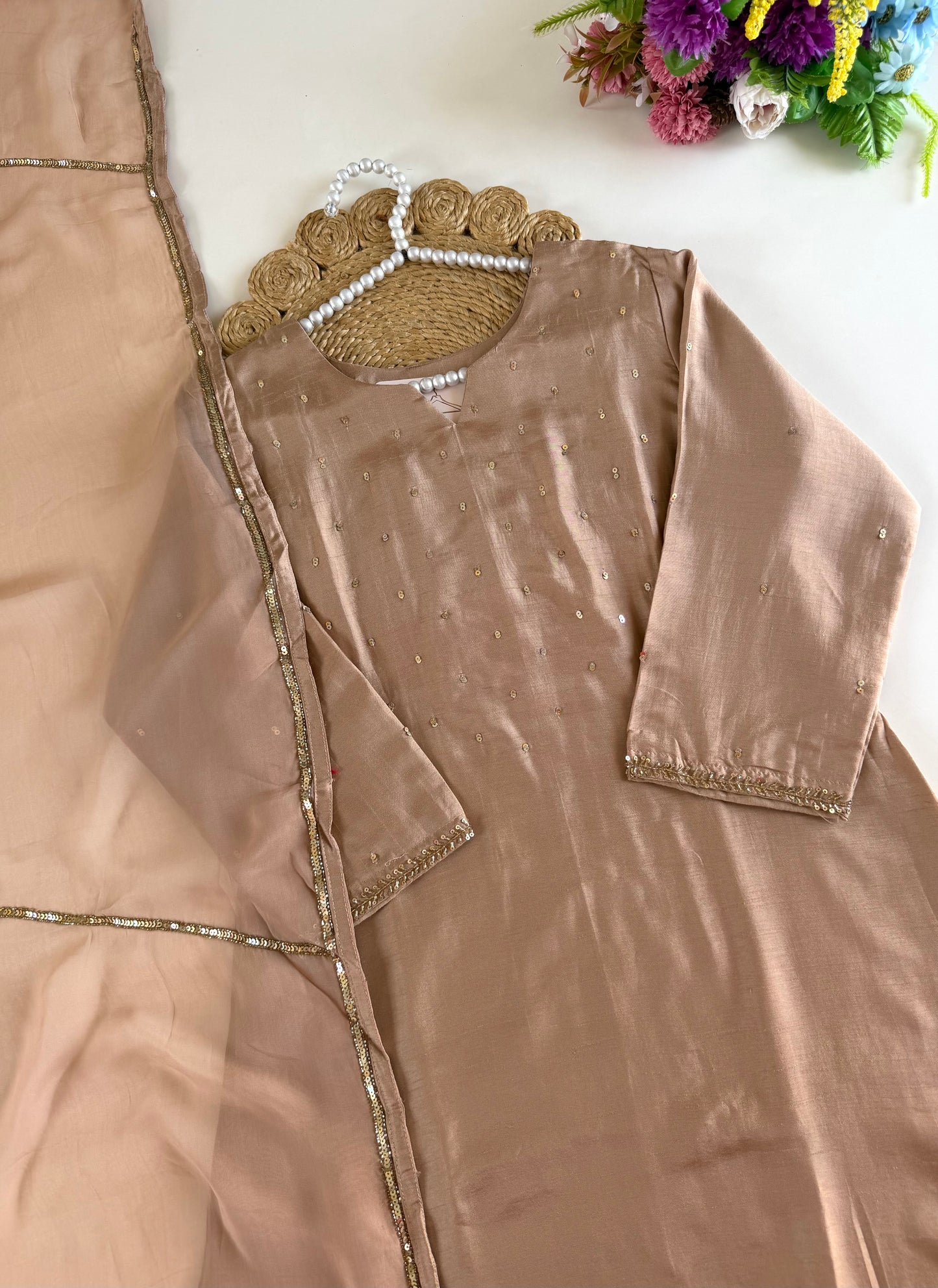 K410 - Russian silk handwork aline Kurti with pants and dupatta