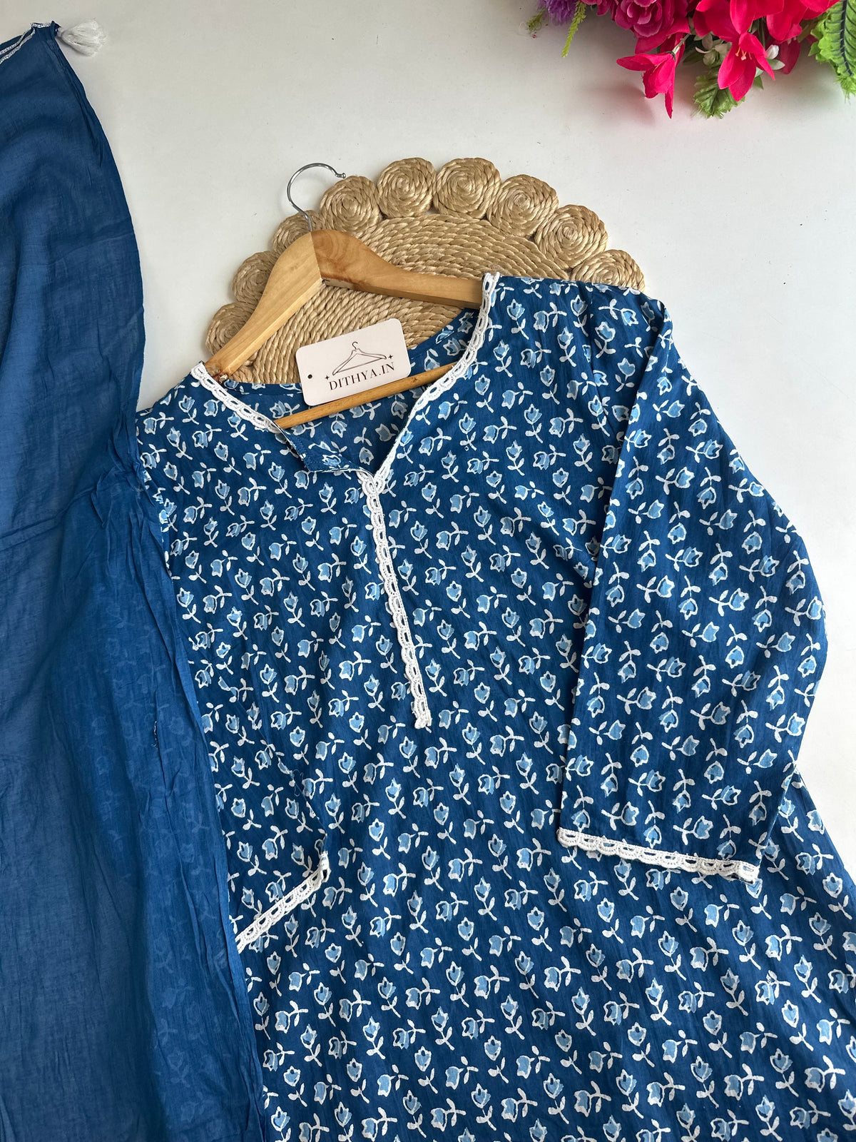 D591-Cotton straight Kurti with pants and dupatta