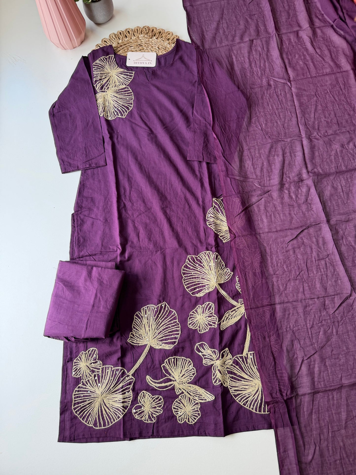 K582 - Cotton embroidery straight Kurti with pants and dupatta