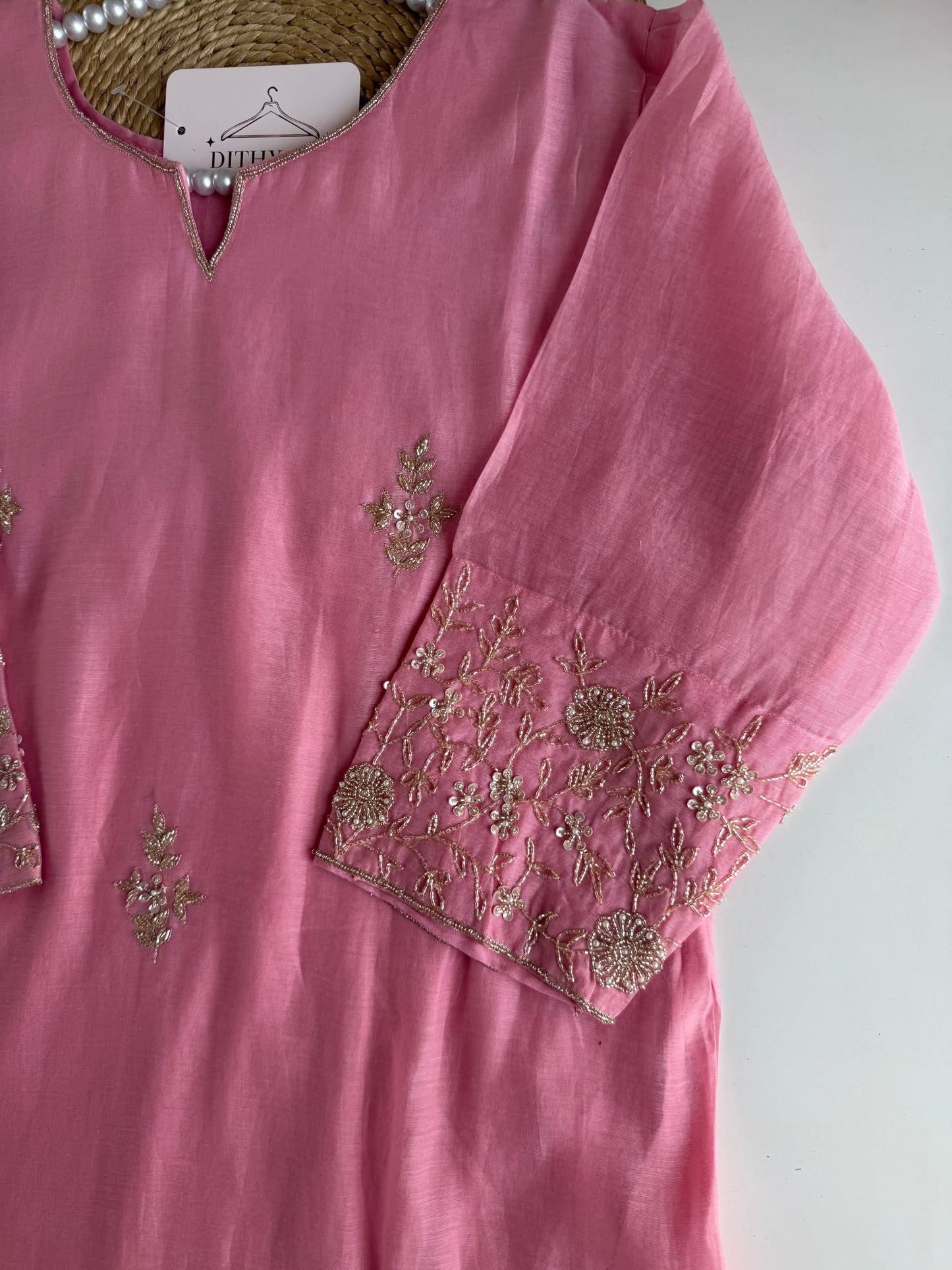 K639 - Mul chanderi handwork aline Kurti with pants and dupatta
