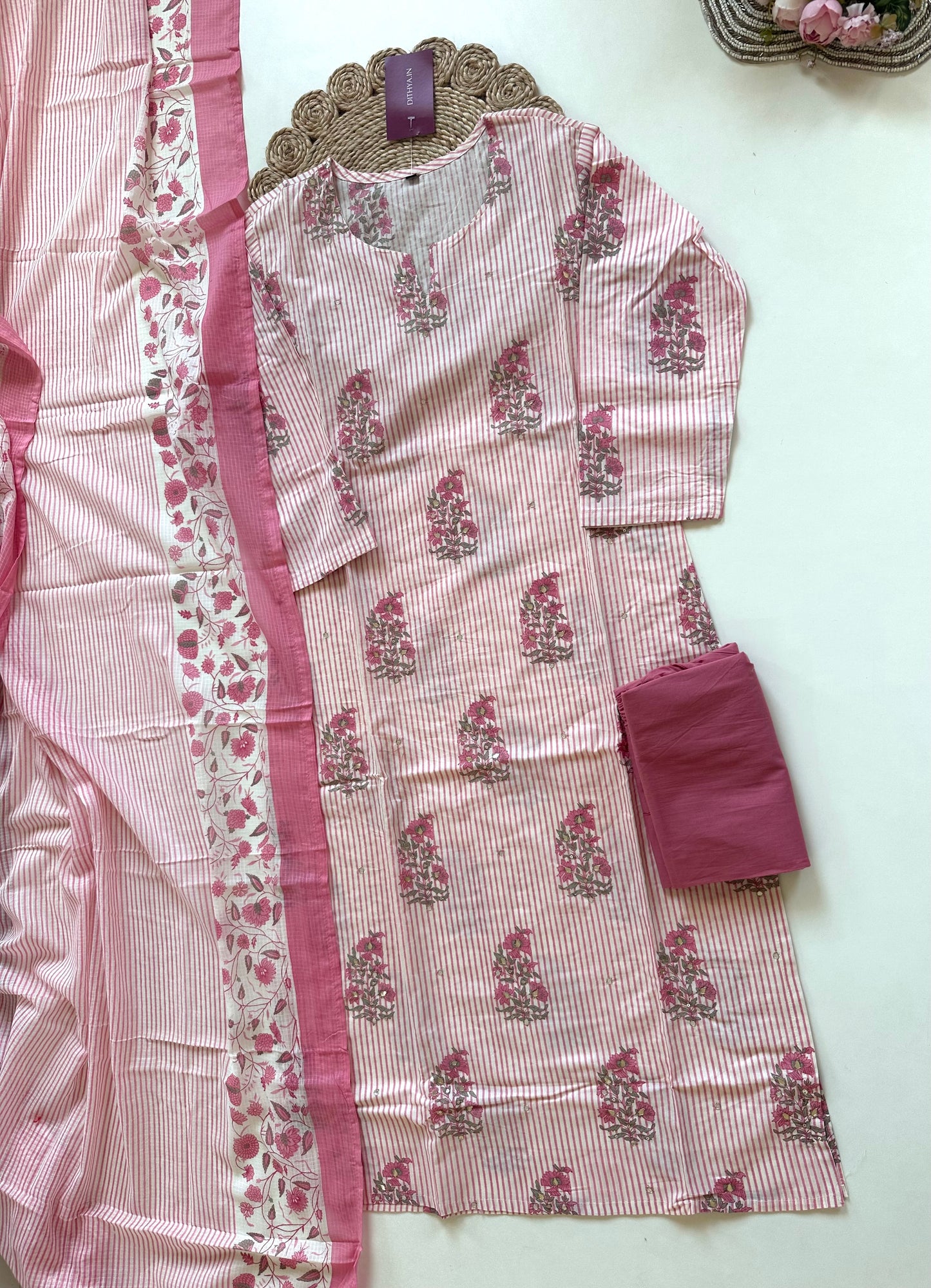 K357 - Cotton Printed Straight kurti with pants and dupatta in 2 colours.