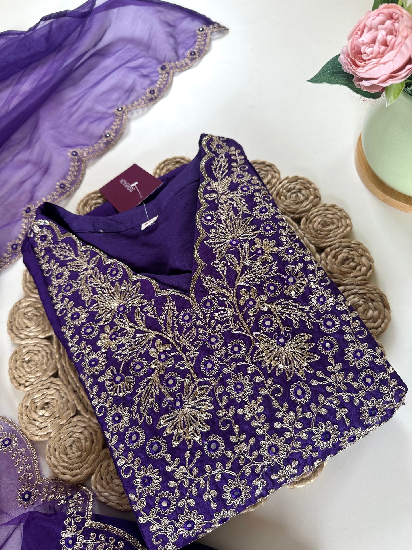 K209 - Russian silk Zari work straight kurti with pants and organza dupatta .