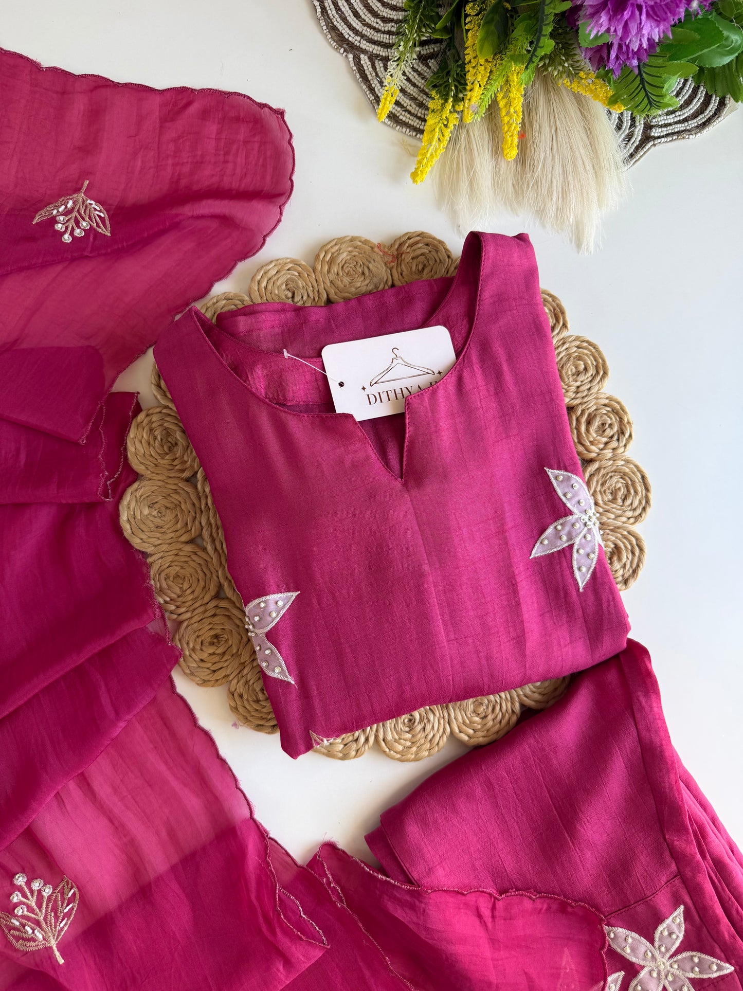 K544 - Russian silk appliqué work straight Kurti with pants and dupatta