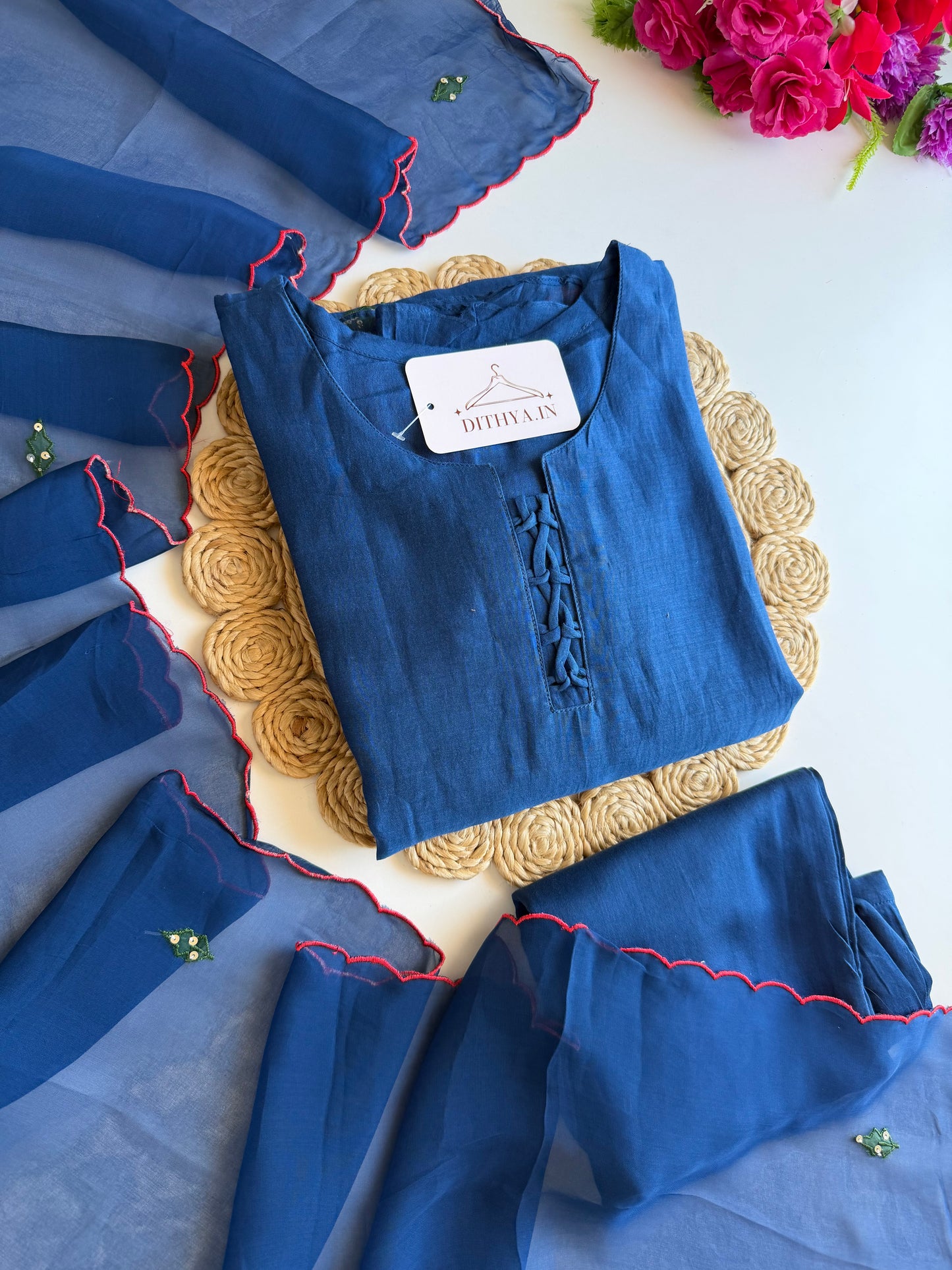 K193 - Mul chanderi handwork aline Kurti with pants and dupatta