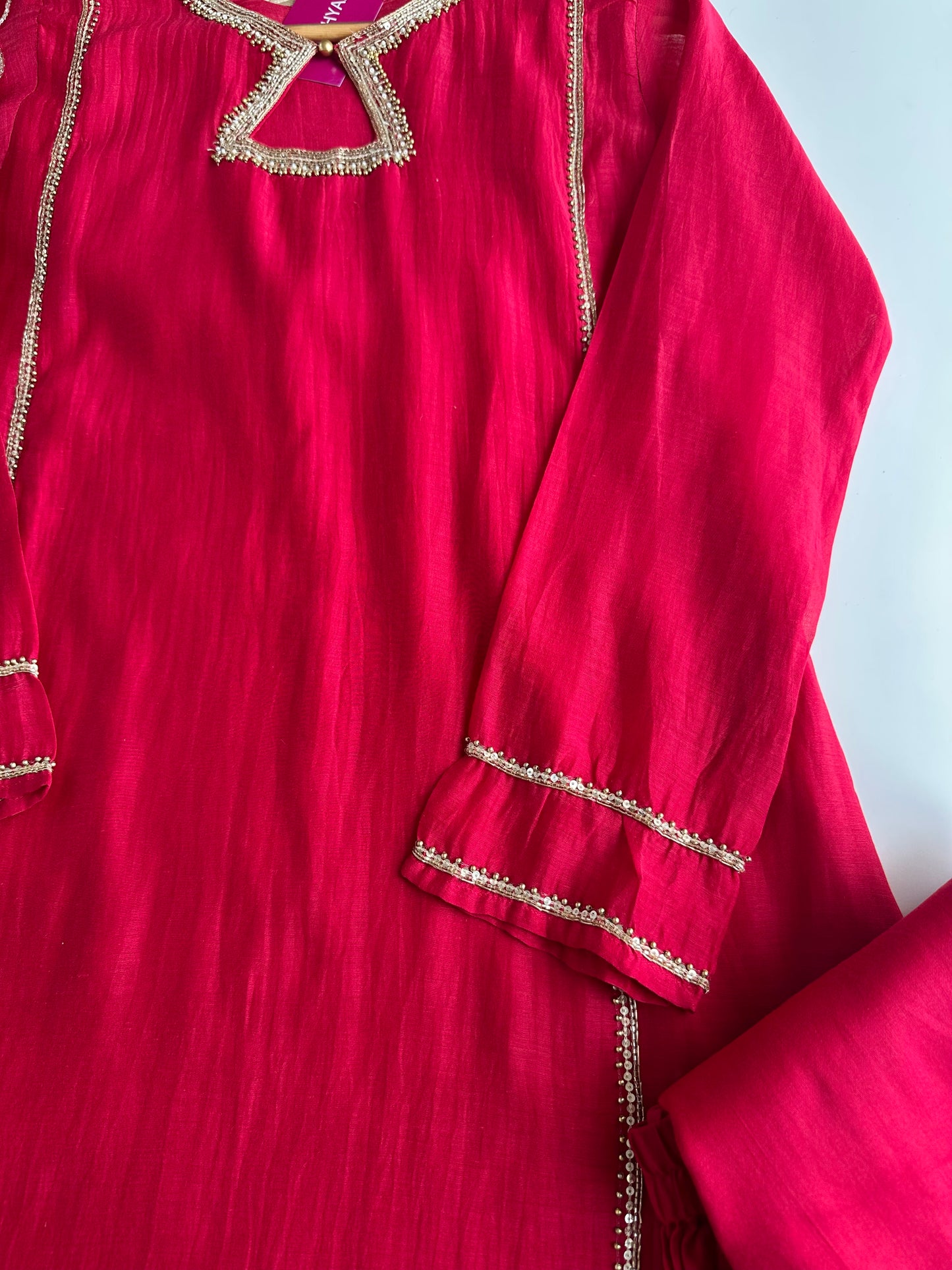 K228 - Mul Chanderi handwork Aline Kurti with pants and dupatta