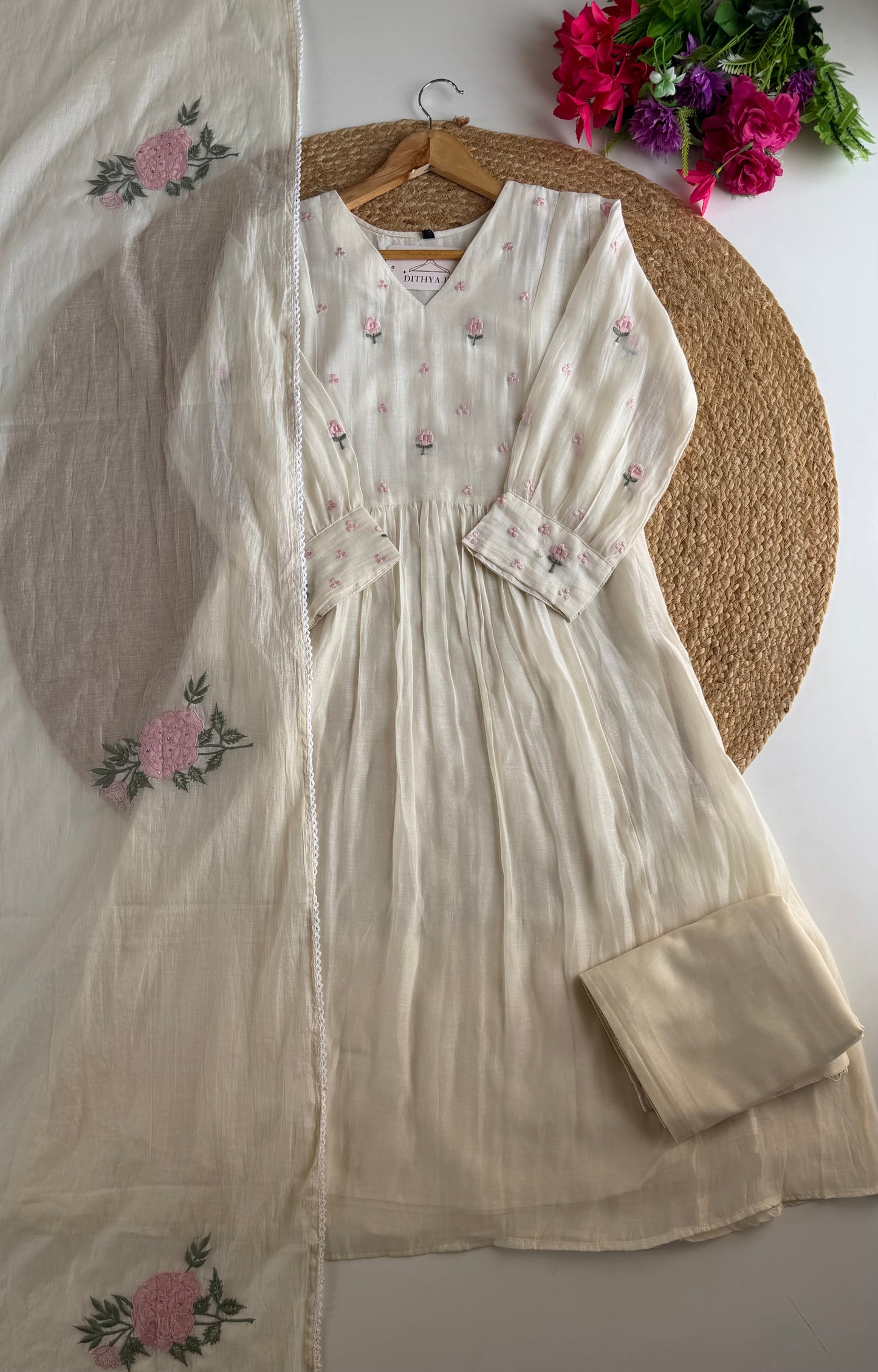 K424 - Mul chanderi embroidered Anarkali with pants and dupatta