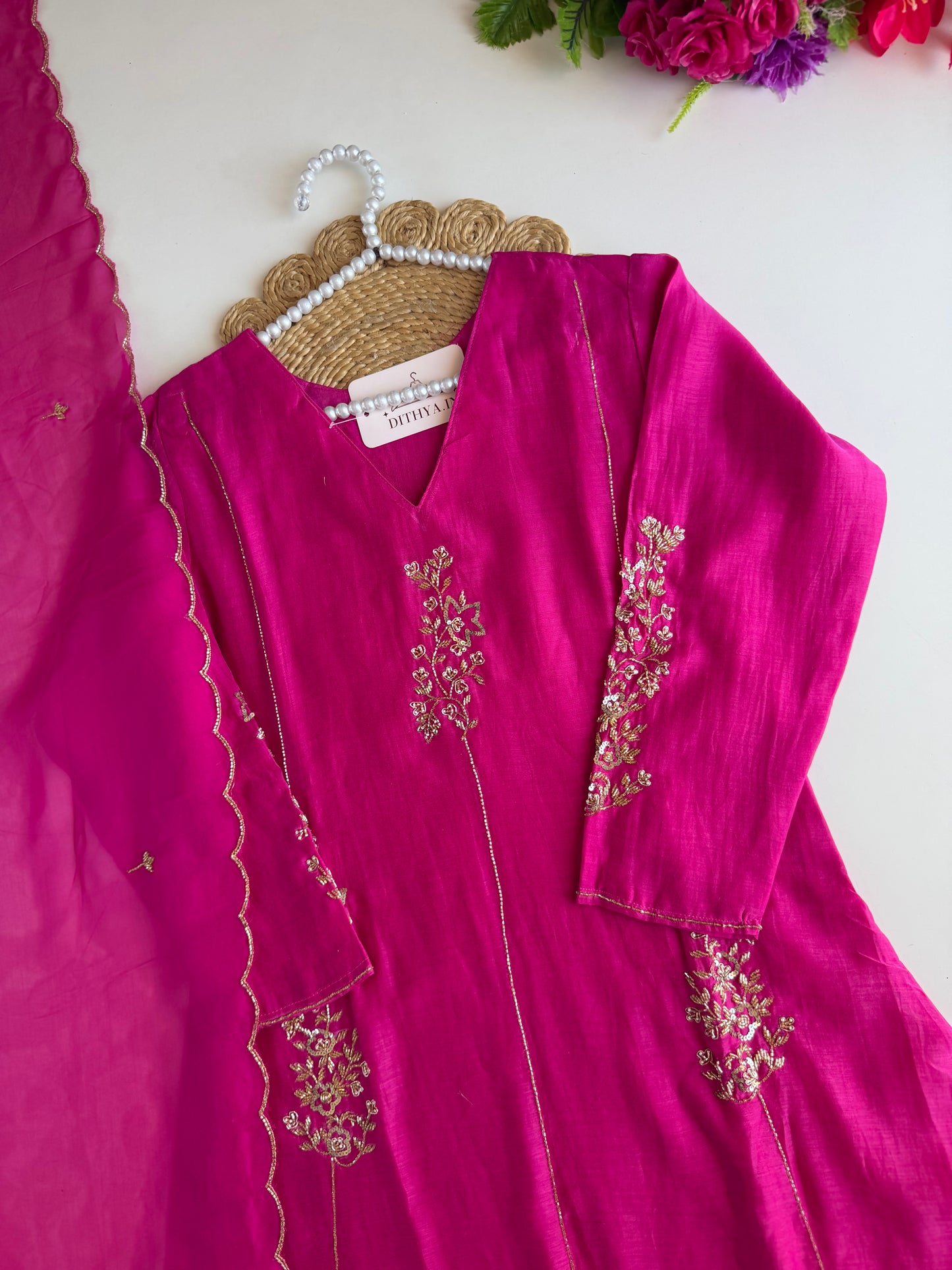K616 - Mul chanderi handwork Aline Kurti with pants and dupatta