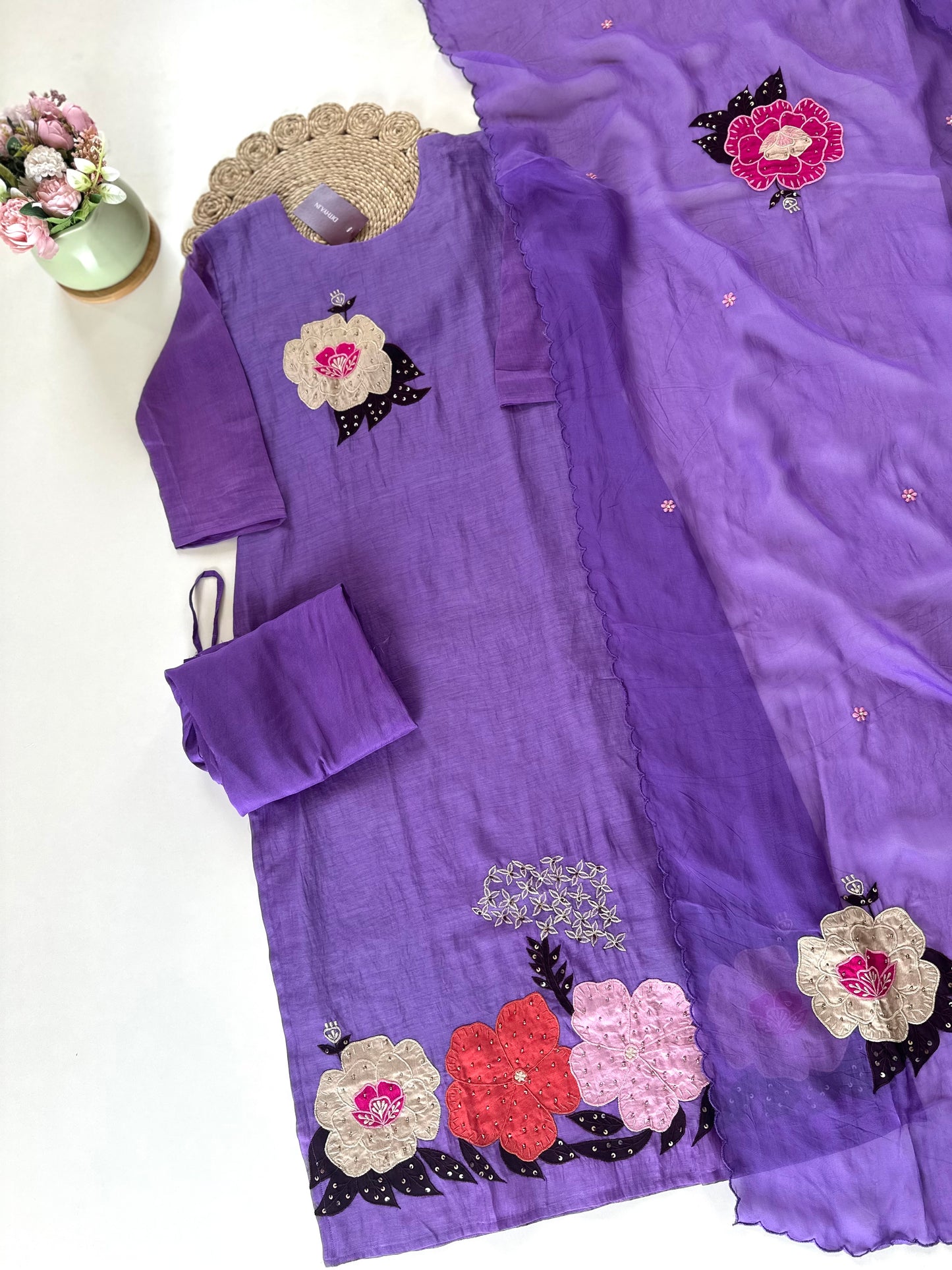 K024 - Russian silk Applique work straight kurti with pants and dupatta .