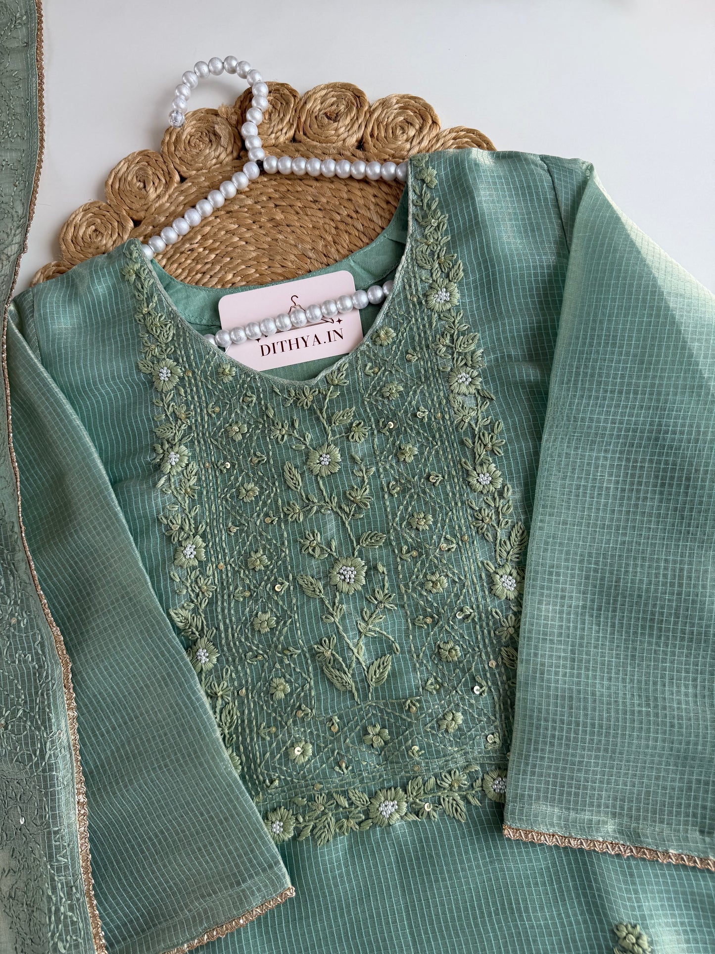 K107 - Chanderi tissue silk embroidered straight Kurti with pants and dupatta in 2 colours