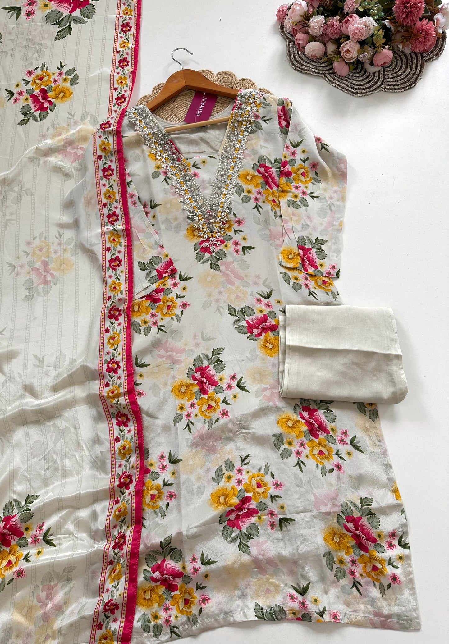 K083 - Viscose organza handwork straight Kurti with pants and dupatta
