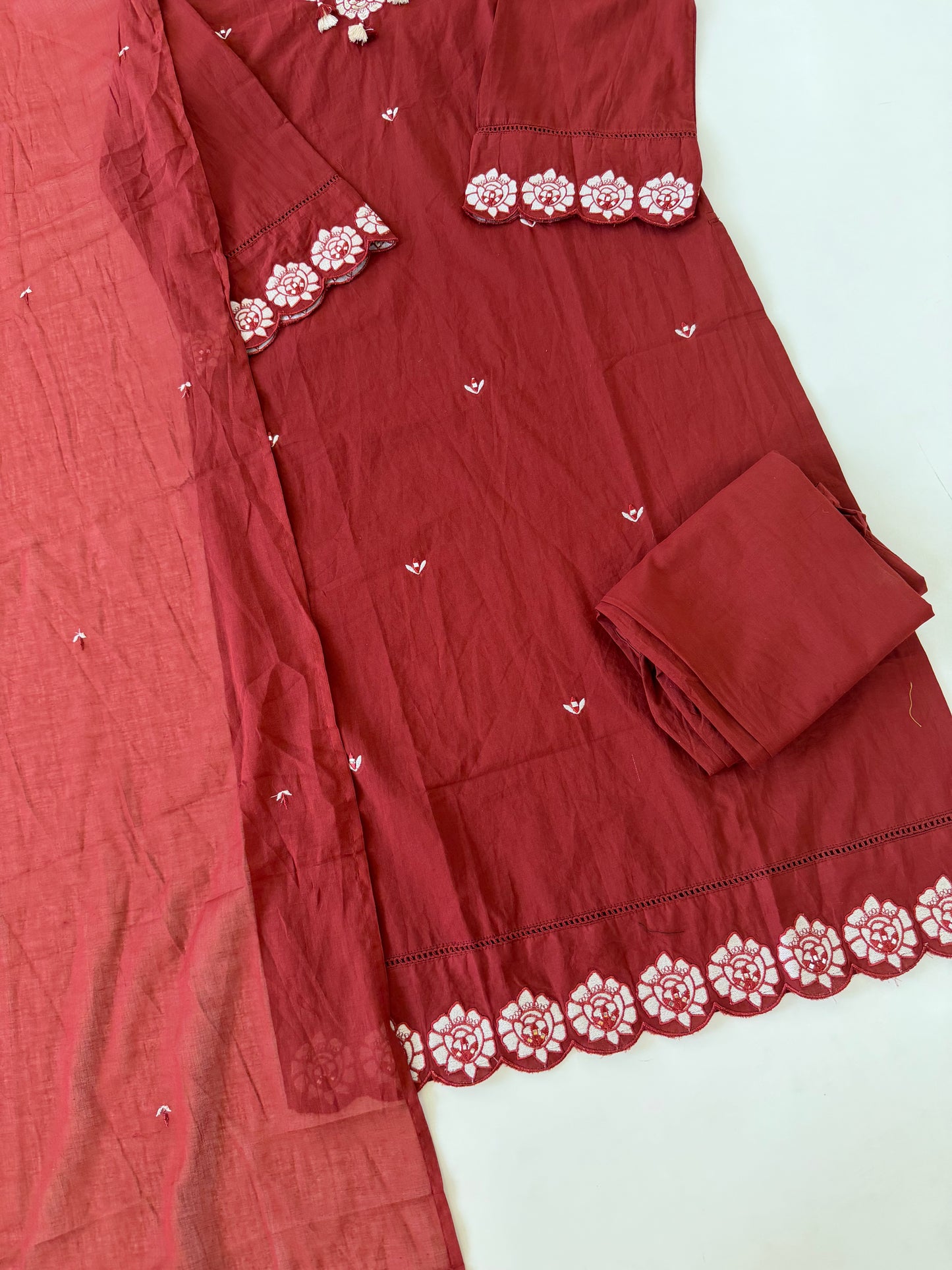 K146 - Mul cotton embroidered straight Kurti with pants and dupatta