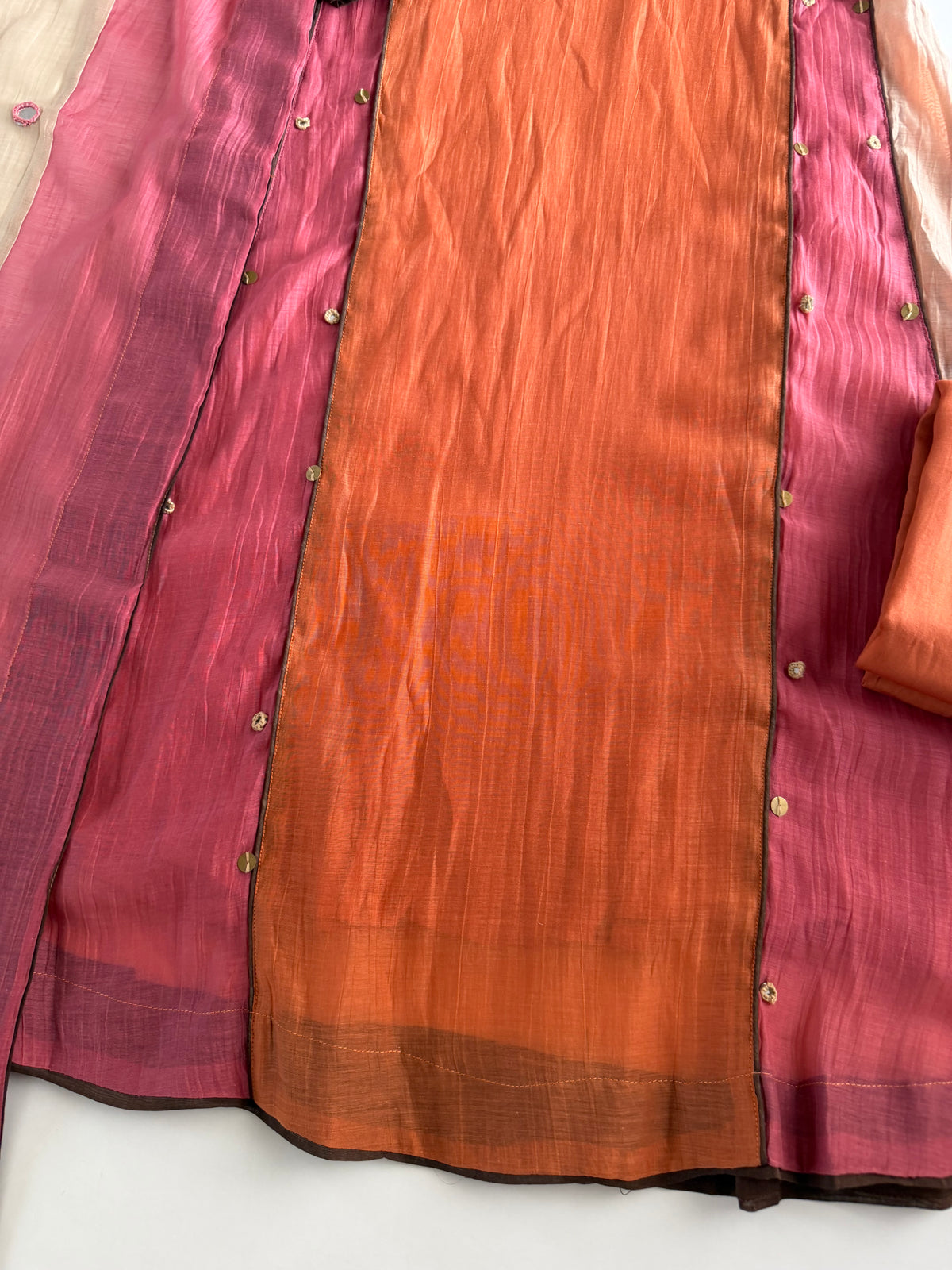 K730 - Mul chanderi multicolour coin work Aline Kurti with pants and dupatta