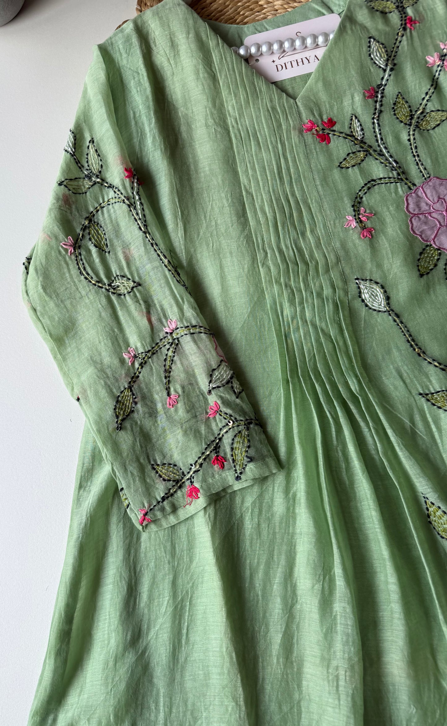 K636 - Mul chanderi hand embroidered Aline Kurti with pants and dupatta