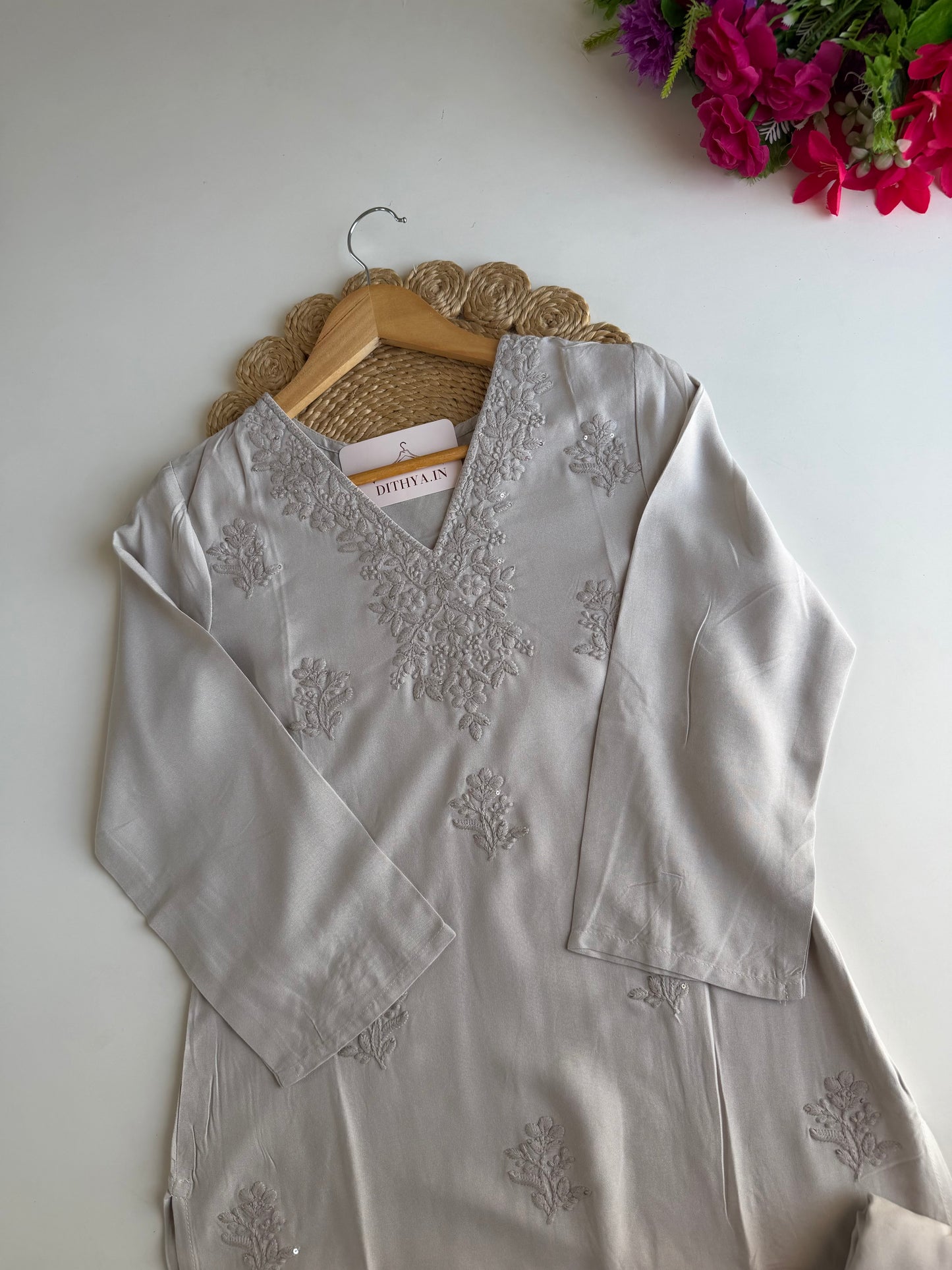 K012 - Muslin embroidered straight Kurti with pants